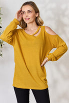 Women's Shirts BiBi Cutout Long Sleeve Waffle Knit Top