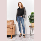 And The Why Full Size Foil Printed Sleeve Top - VacationGrabs