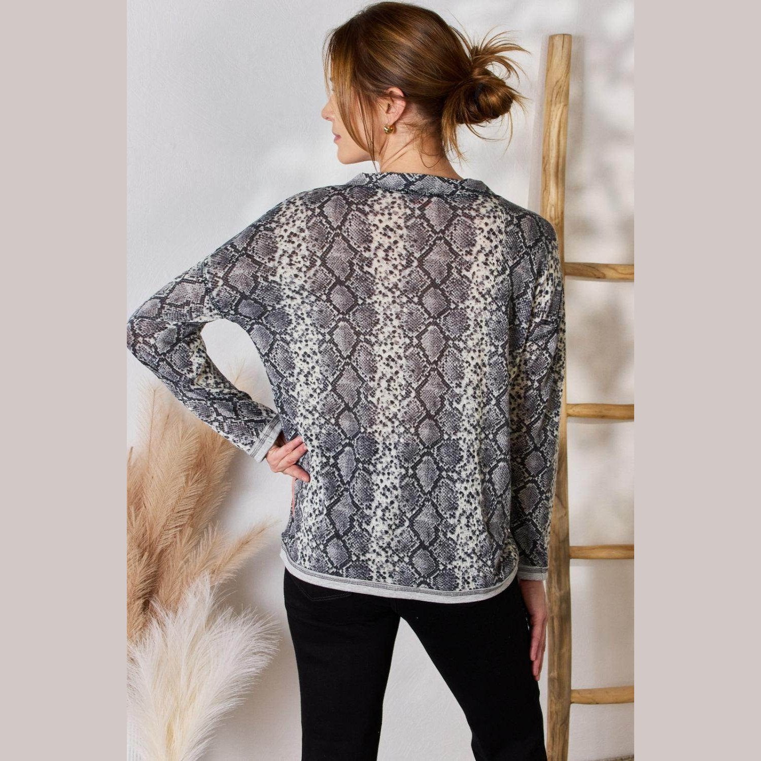 Hailey & Co Full Size Snakeskin V-Neck Long Sleeve Top - VacationGrabs