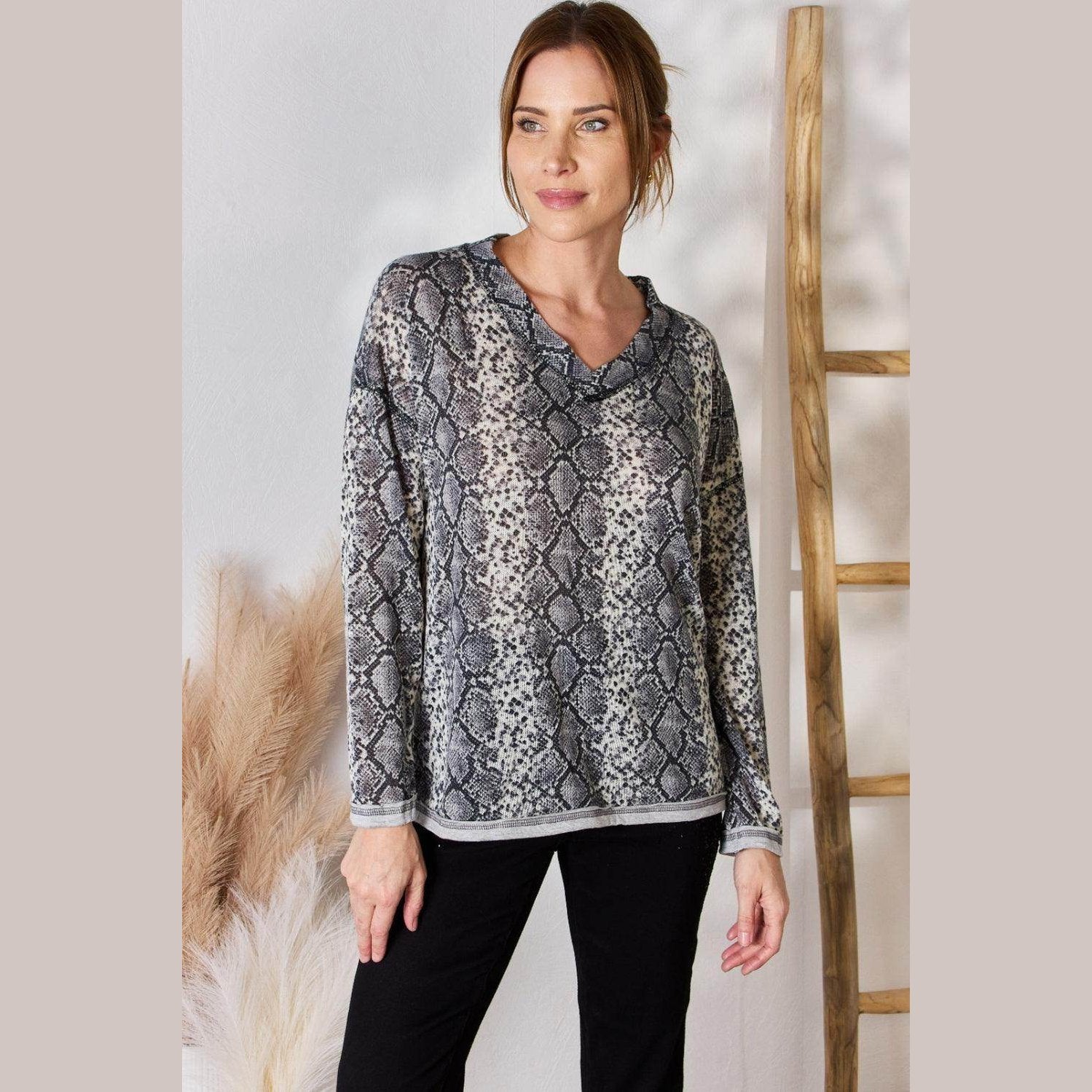 Hailey & Co Full Size Snakeskin V-Neck Long Sleeve Top - VacationGrabs