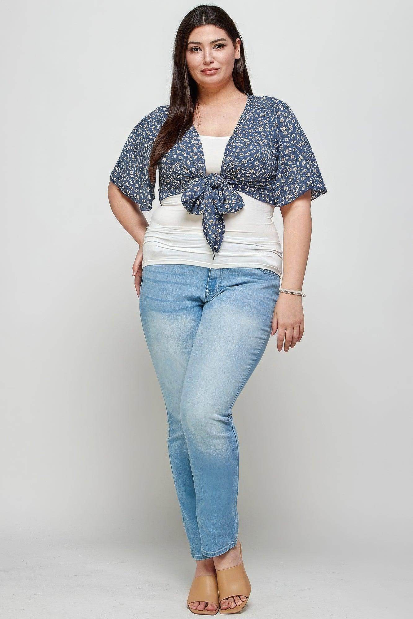 Plus Ditsy Floral Print Cropped Bolero Cardigan - VacationGrabs