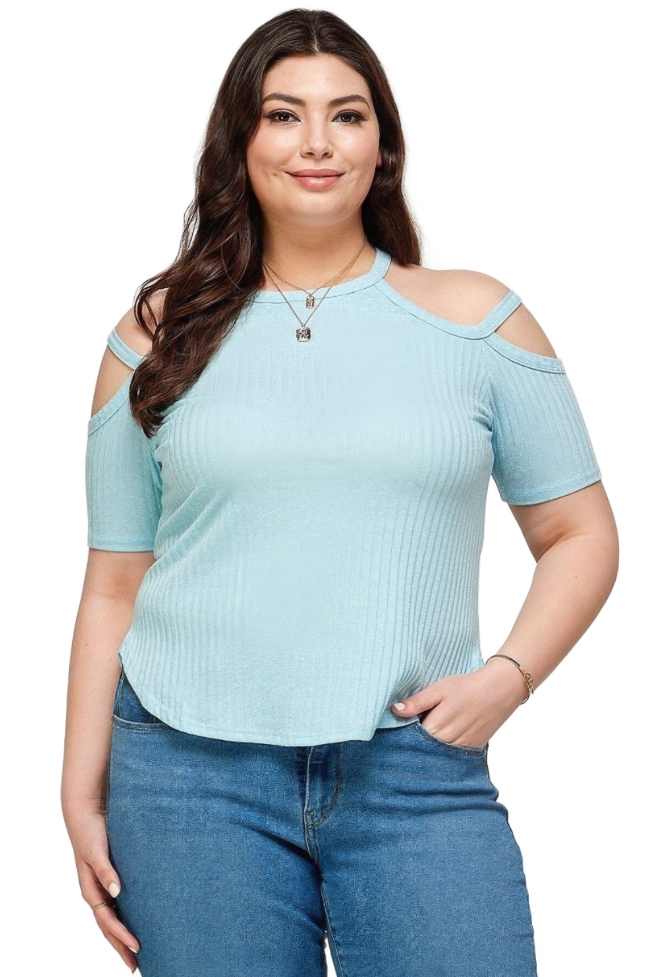 Women's Shirts Plus Size, Solid Ribbed Cold Shoulder Top
