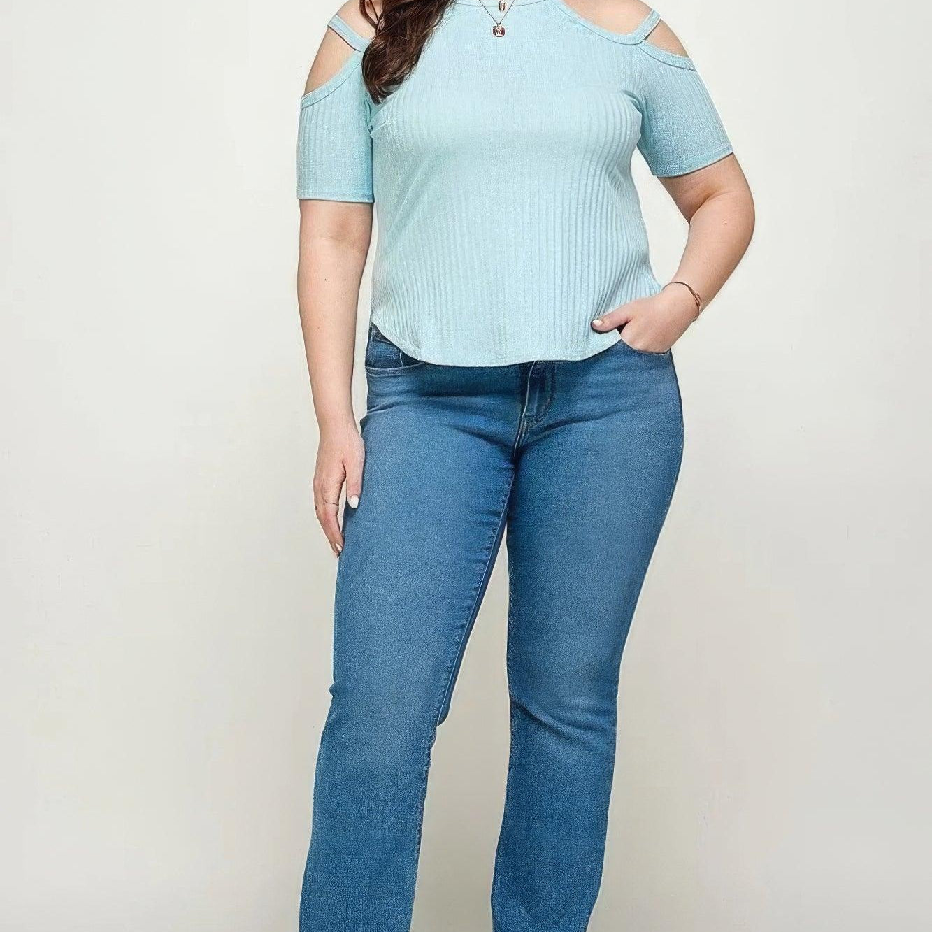 Women's Shirts Plus Solid Ribbed Cold Shoulder Top