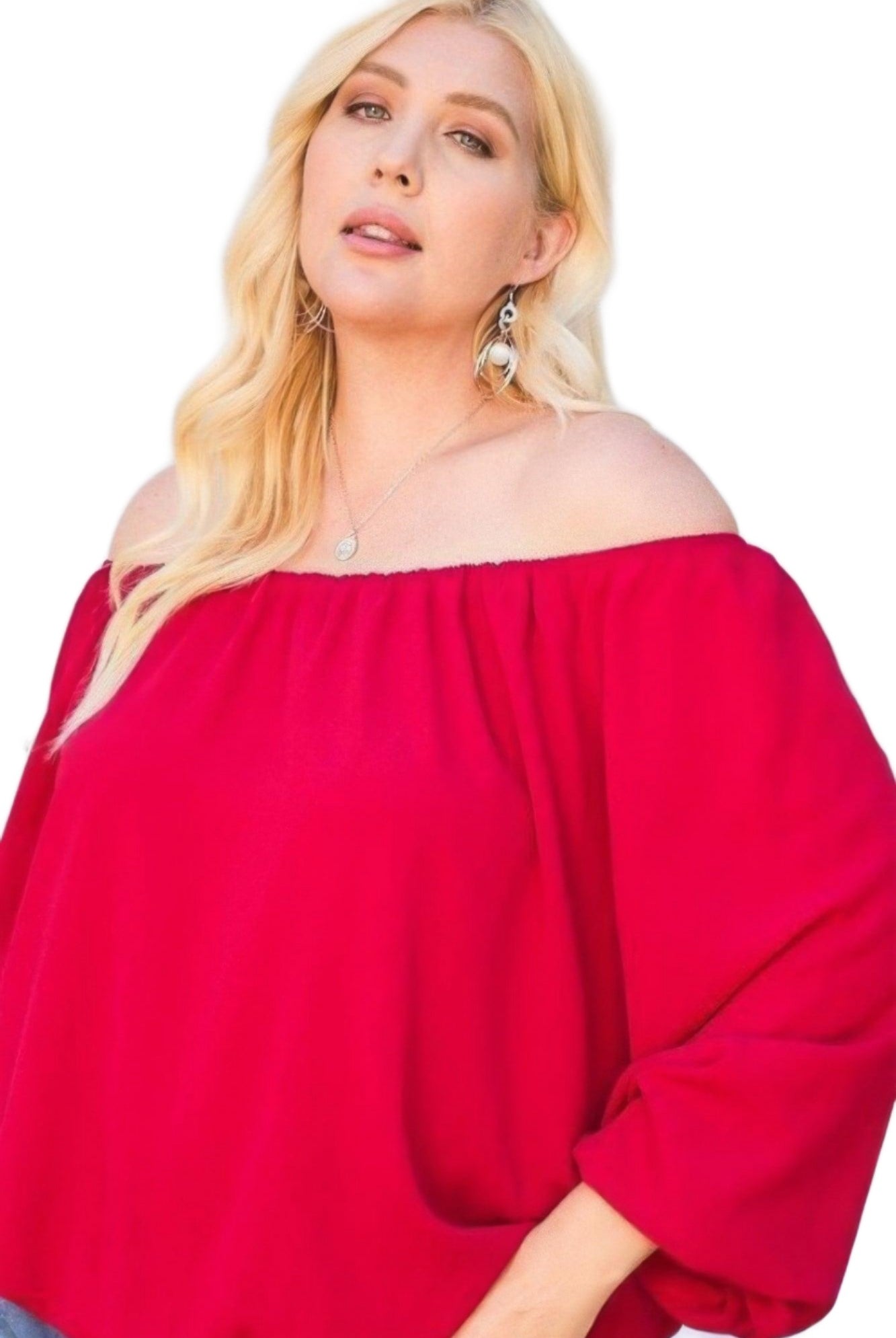Women's Shirts Red Off Shoulder Long Bubble Sleeve Solid Top