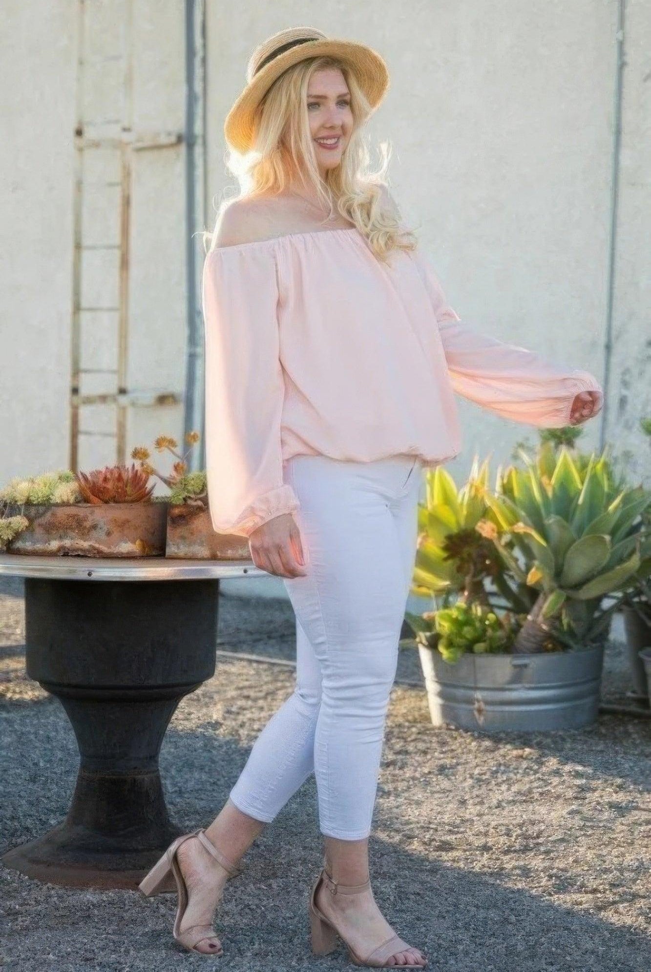 Women's Shirts Pink Off Shoulder Long Bubble Sleeve Solid Top