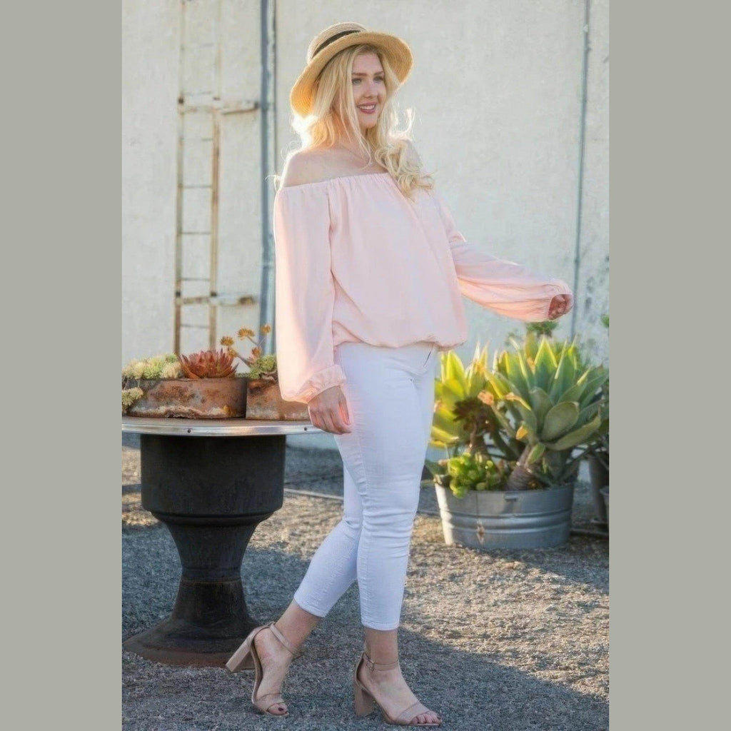 Pink Off Shoulder Long Bubble Sleeve Solid Top - VacationGrabs