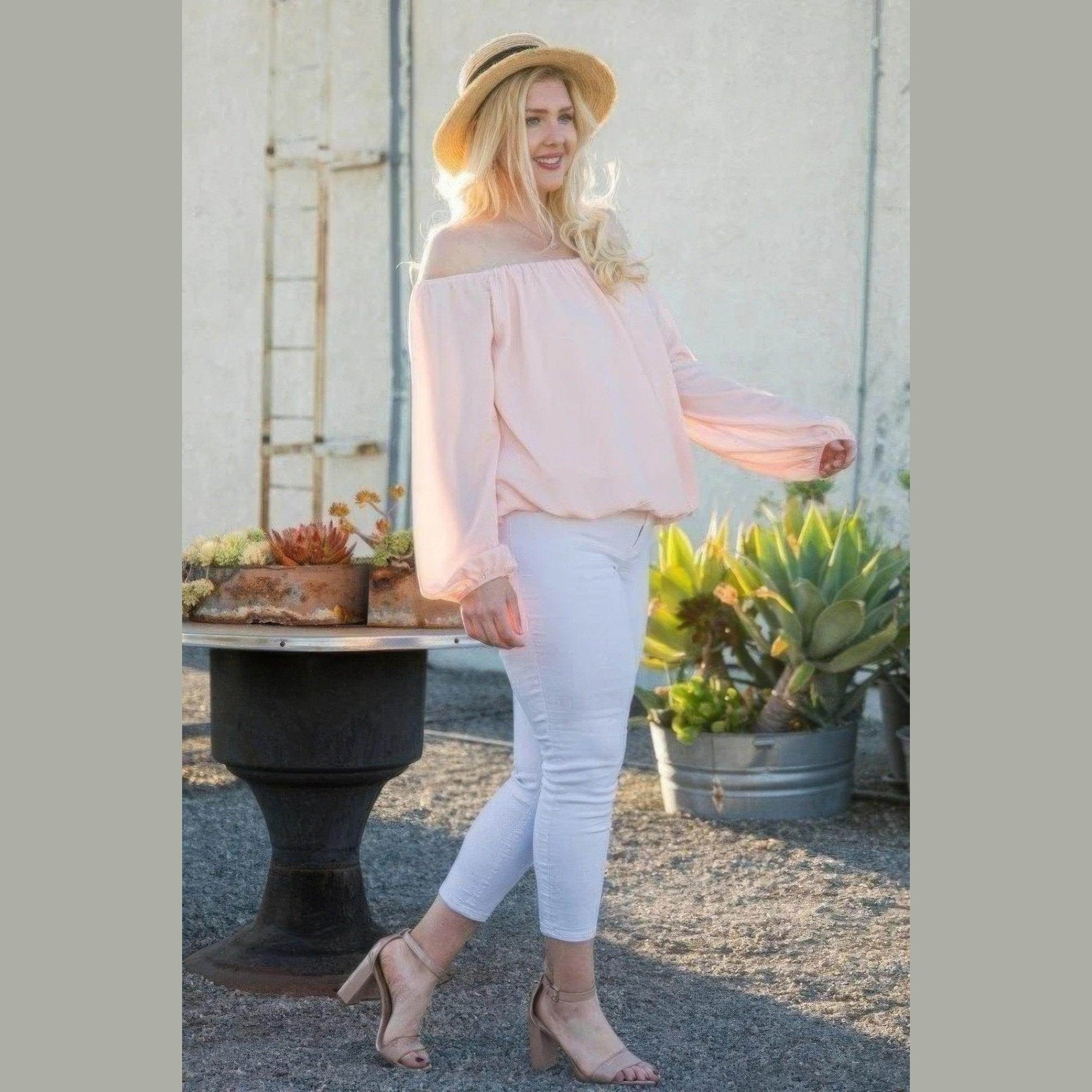 Pink Off Shoulder Long Bubble Sleeve Solid Top - VacationGrabs