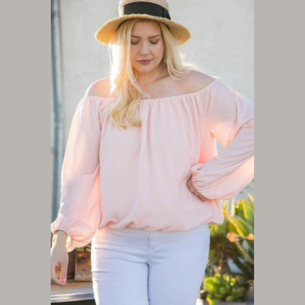 Pink Off Shoulder Long Bubble Sleeve Solid Top - VacationGrabs