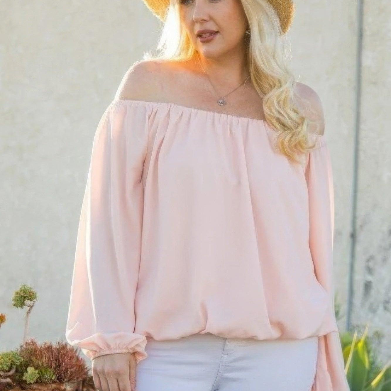 Women's Shirts Pink Off Shoulder Long Bubble Sleeve Solid Top