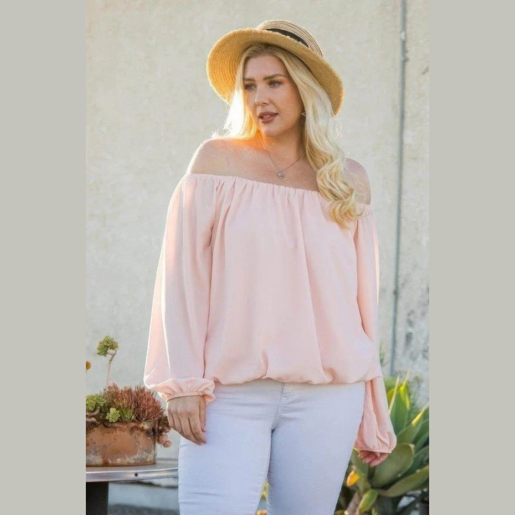 Pink Off Shoulder Long Bubble Sleeve Solid Top - VacationGrabs