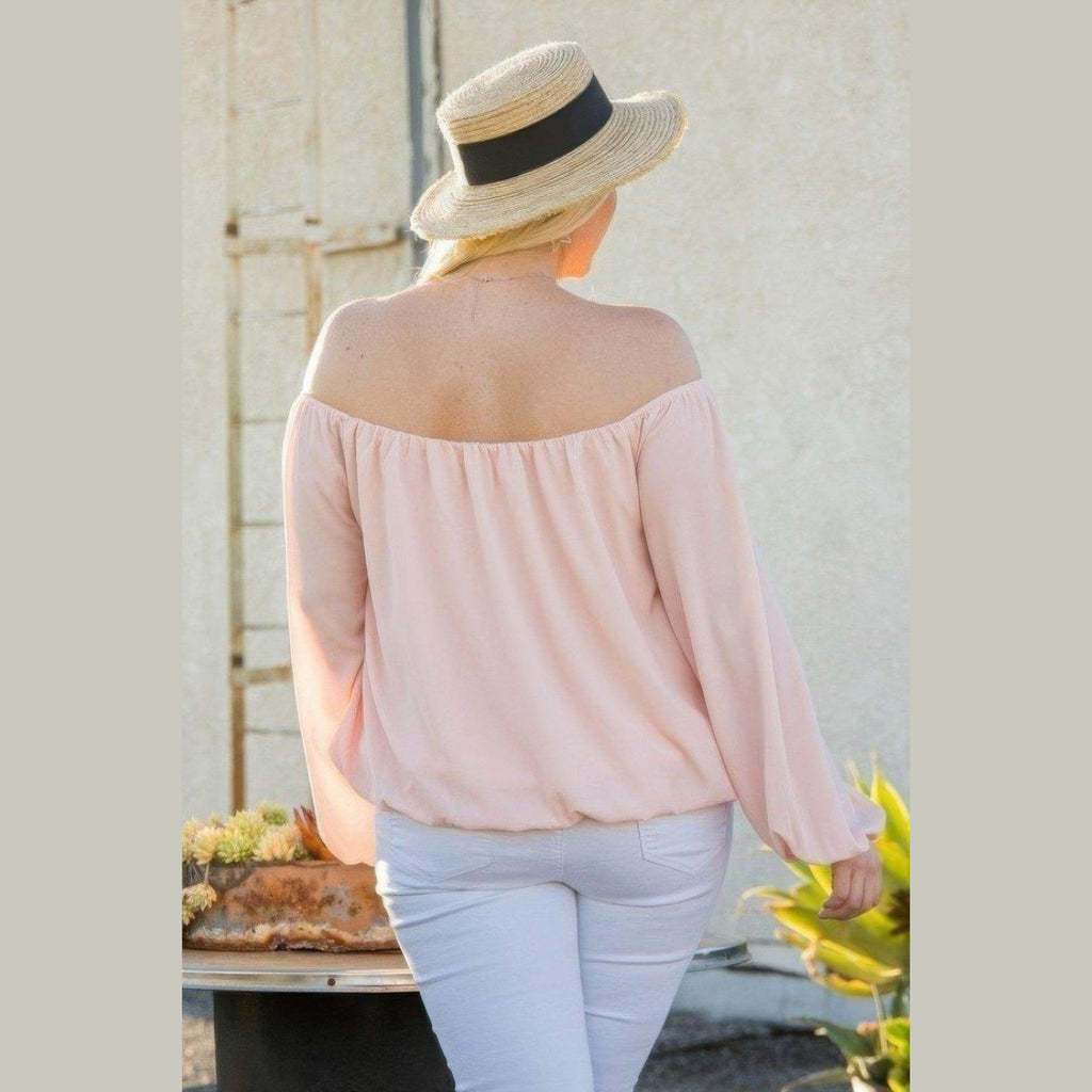 Pink Off Shoulder Long Bubble Sleeve Solid Top - VacationGrabs