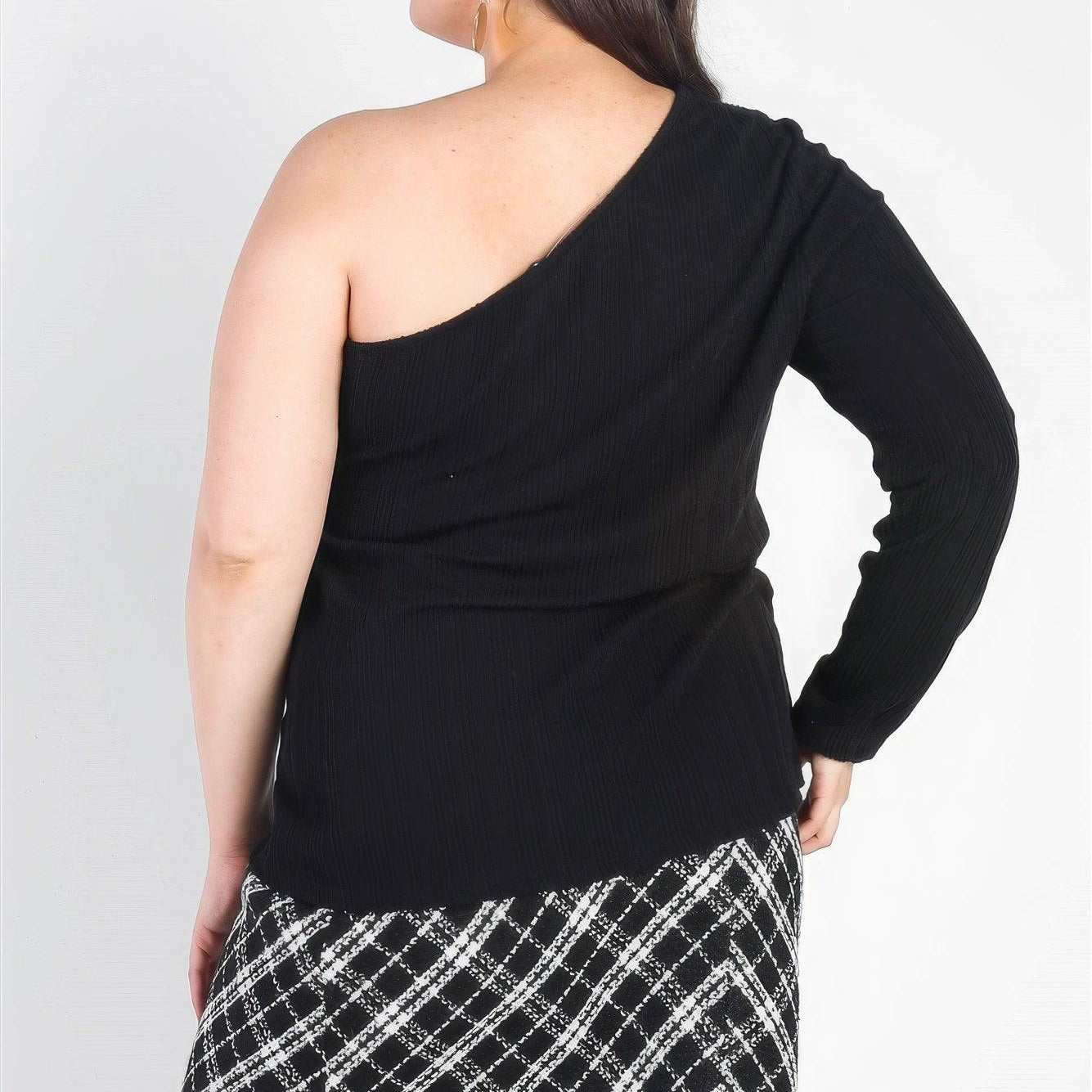 Women's Shirts Plus Black Ribbed One Shoulder Top