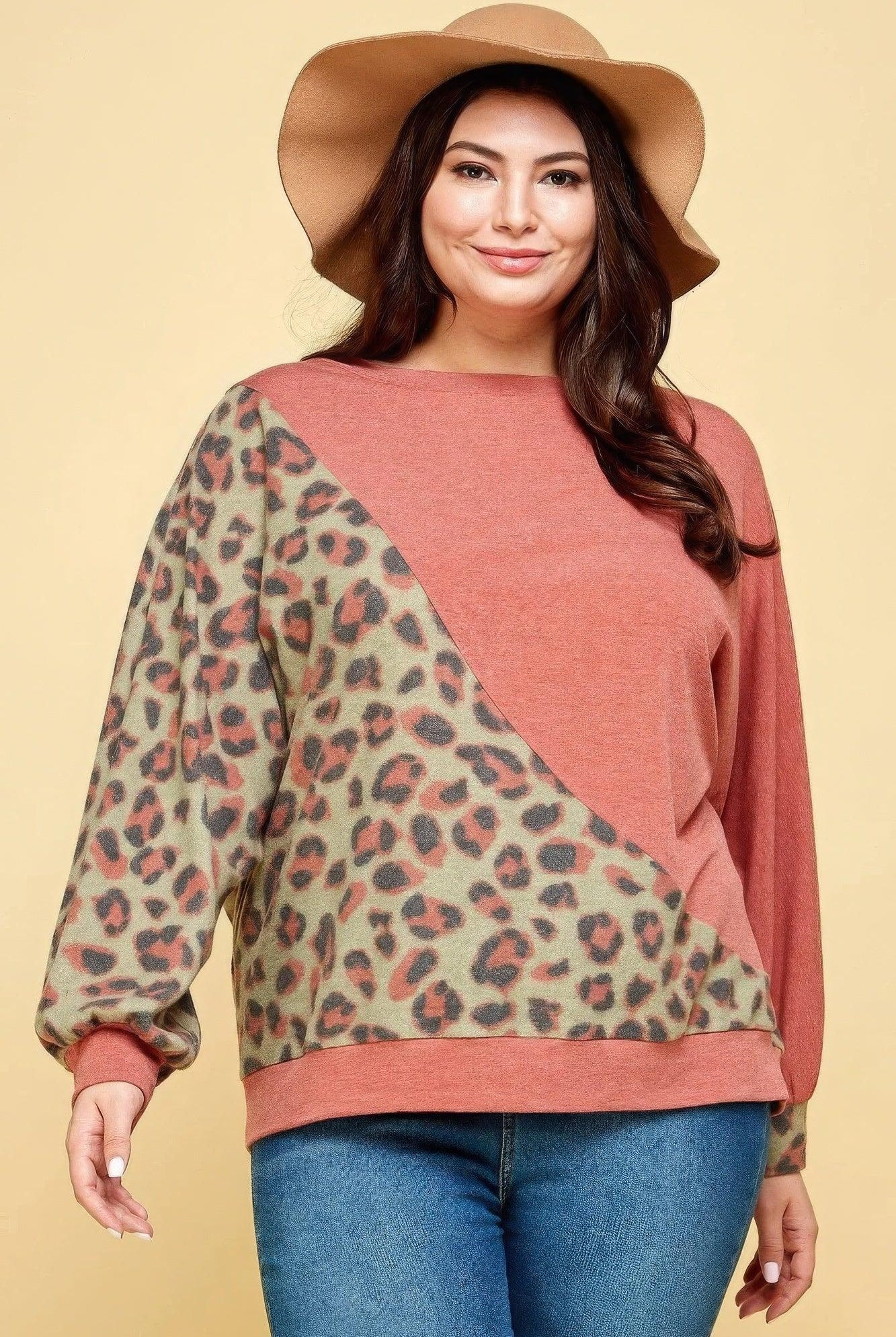 Women's Shirts Plus Size Cute Animal French Terry Brush Contrast Print Pullover