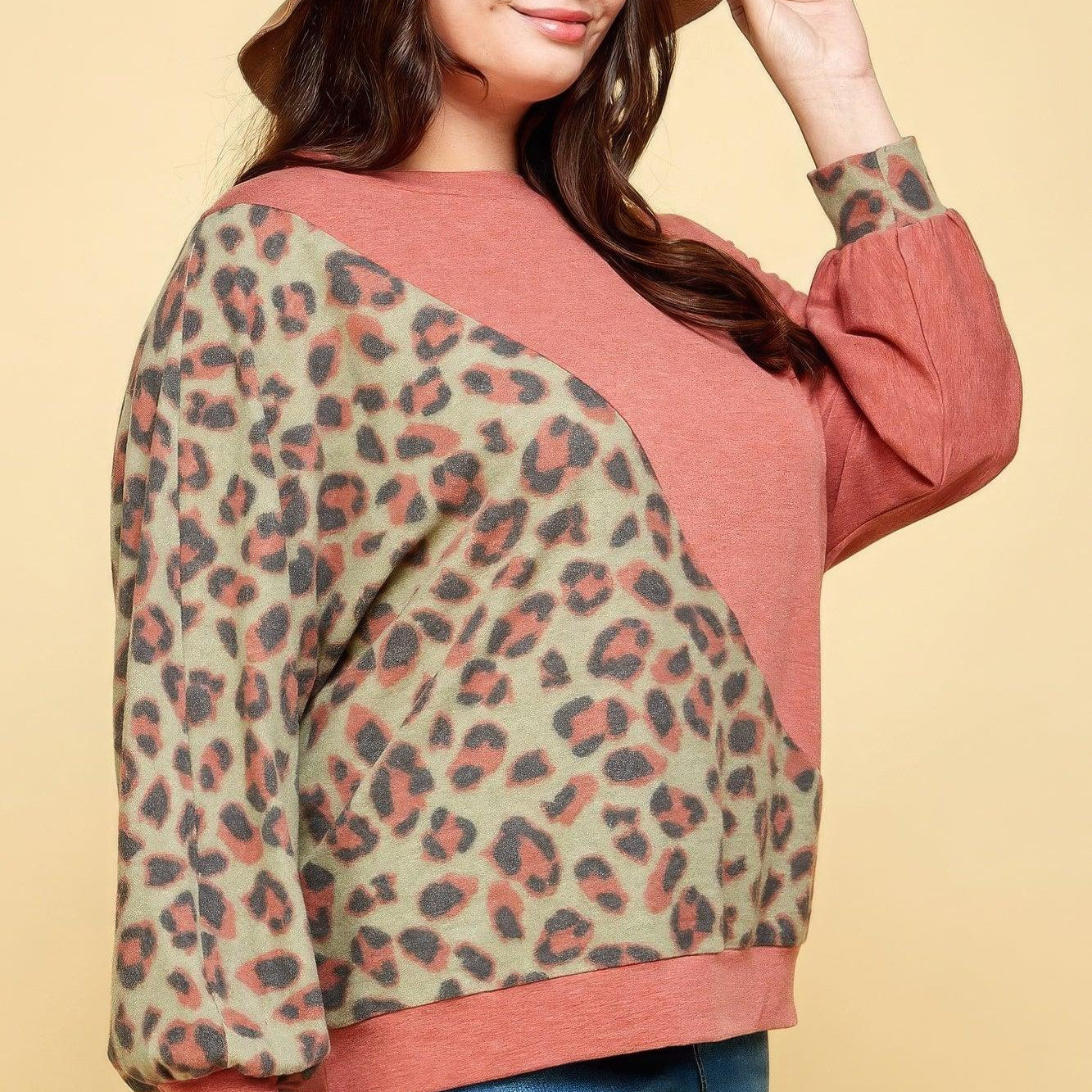 Women's Shirts Plus Animal French Terry Brush Pullover Top