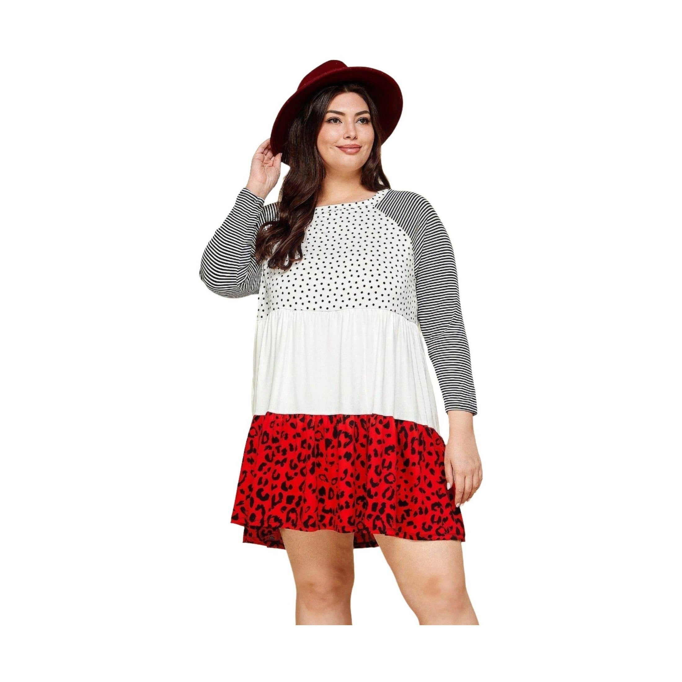 Plus Polka Dot Animal Print Swing Tiered Dress - VacationGrabs
