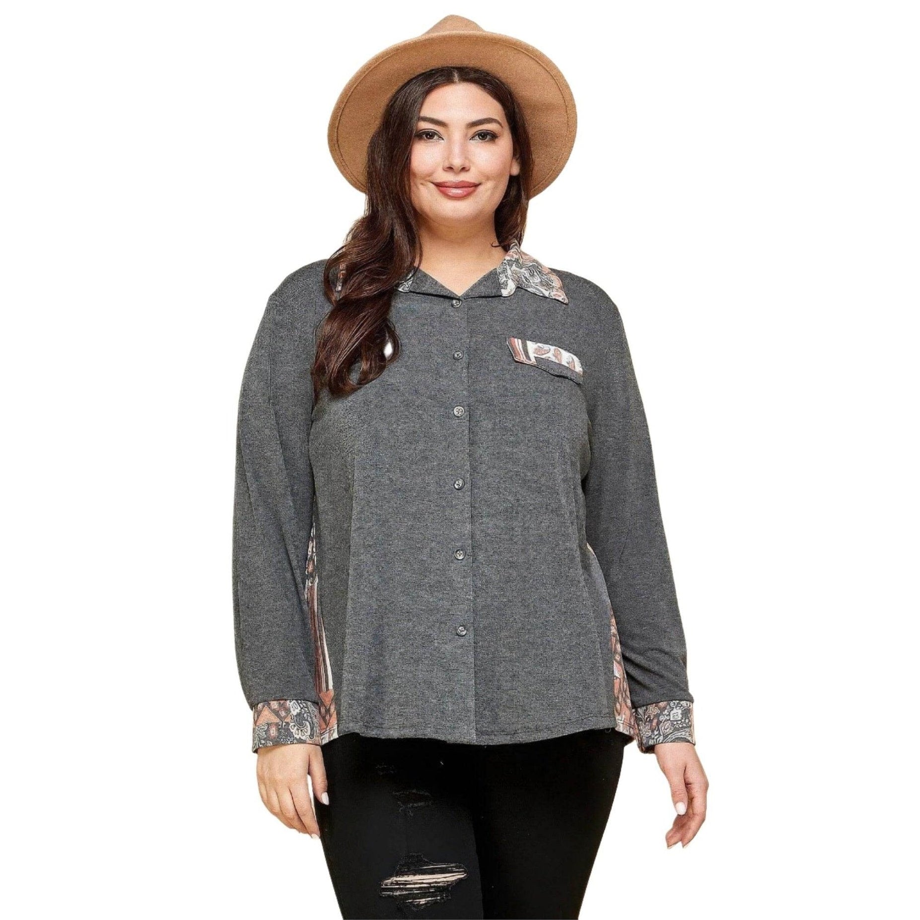 Plus Patchwork Button Up Shirt - VacationGrabs