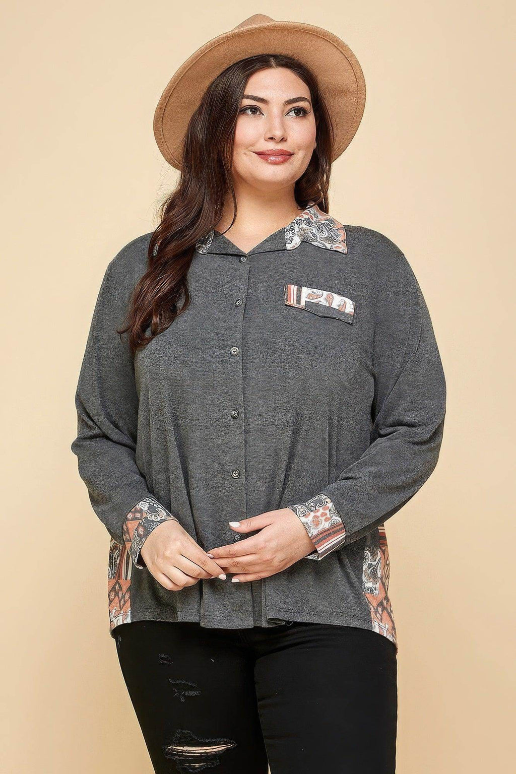Plus Patchwork Button Up Shirt - VacationGrabs