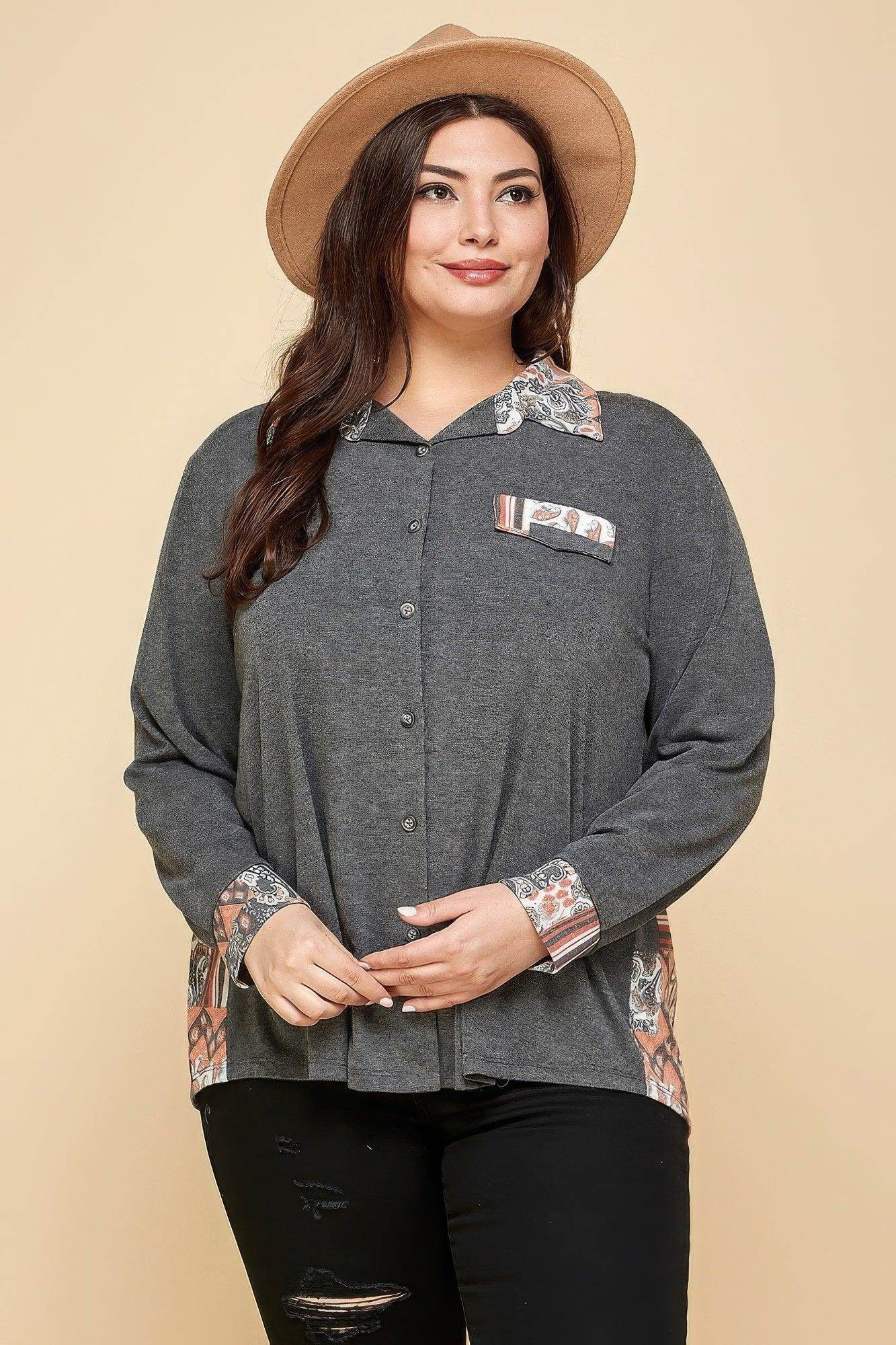Plus Patchwork Button Up Shirt - VacationGrabs