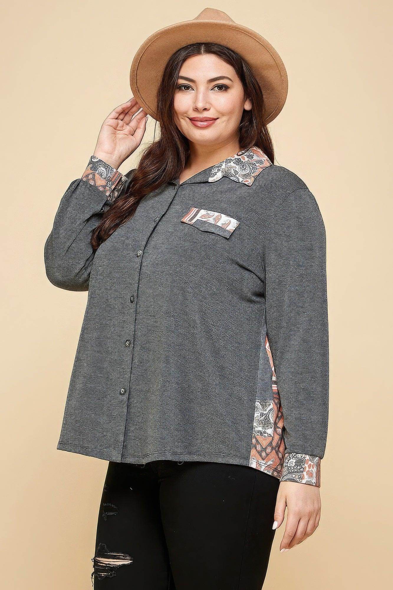 Plus Patchwork Button Up Shirt - VacationGrabs
