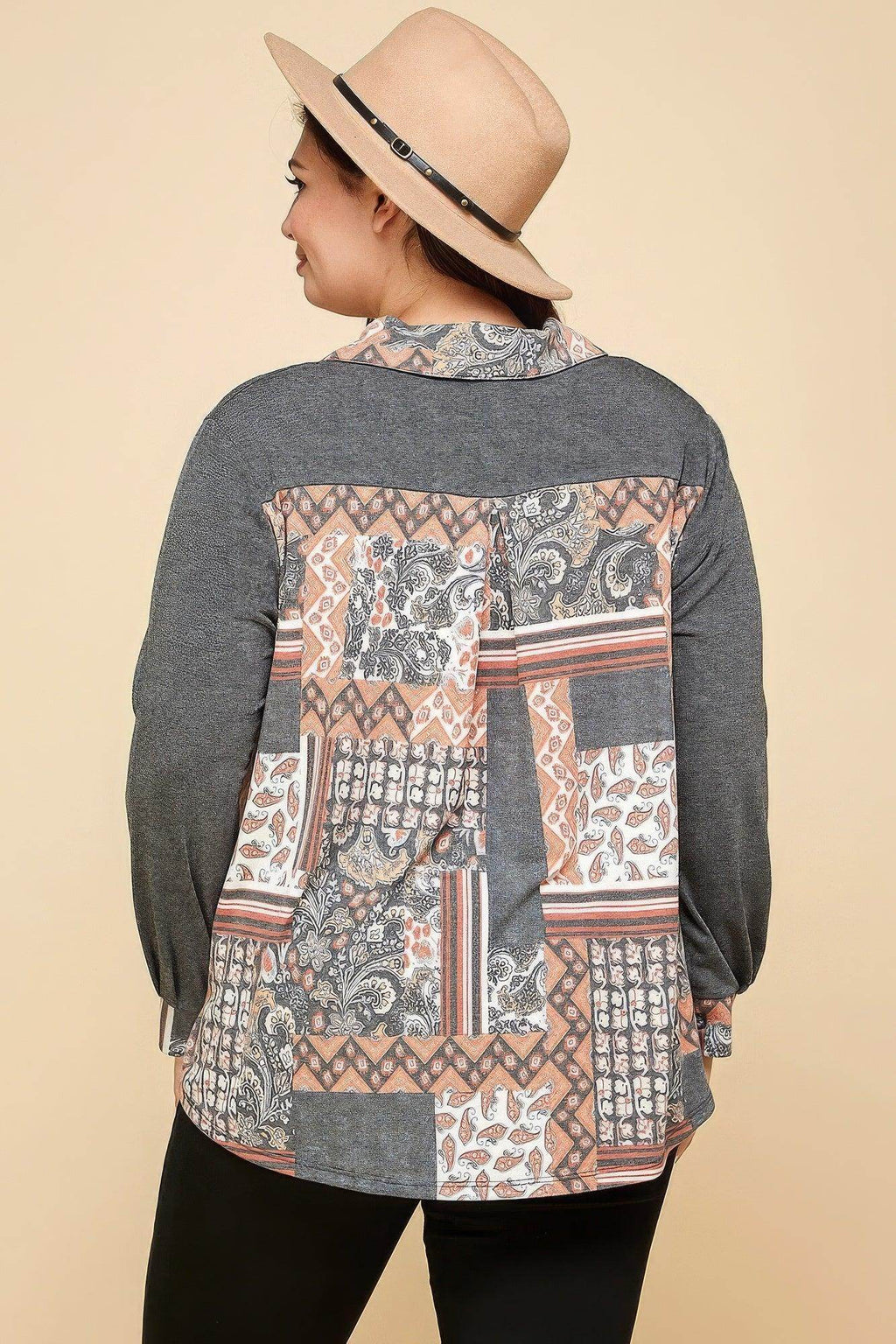 Plus Patchwork Button Up Shirt - VacationGrabs
