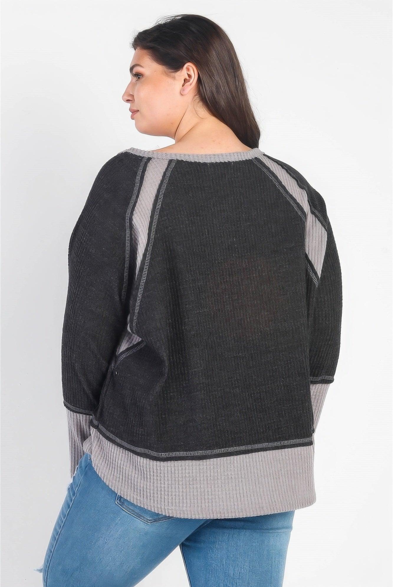 Women's Shirts Plus Charcoal & Grey Colorblock Waffle Knit Long Sleeve Top