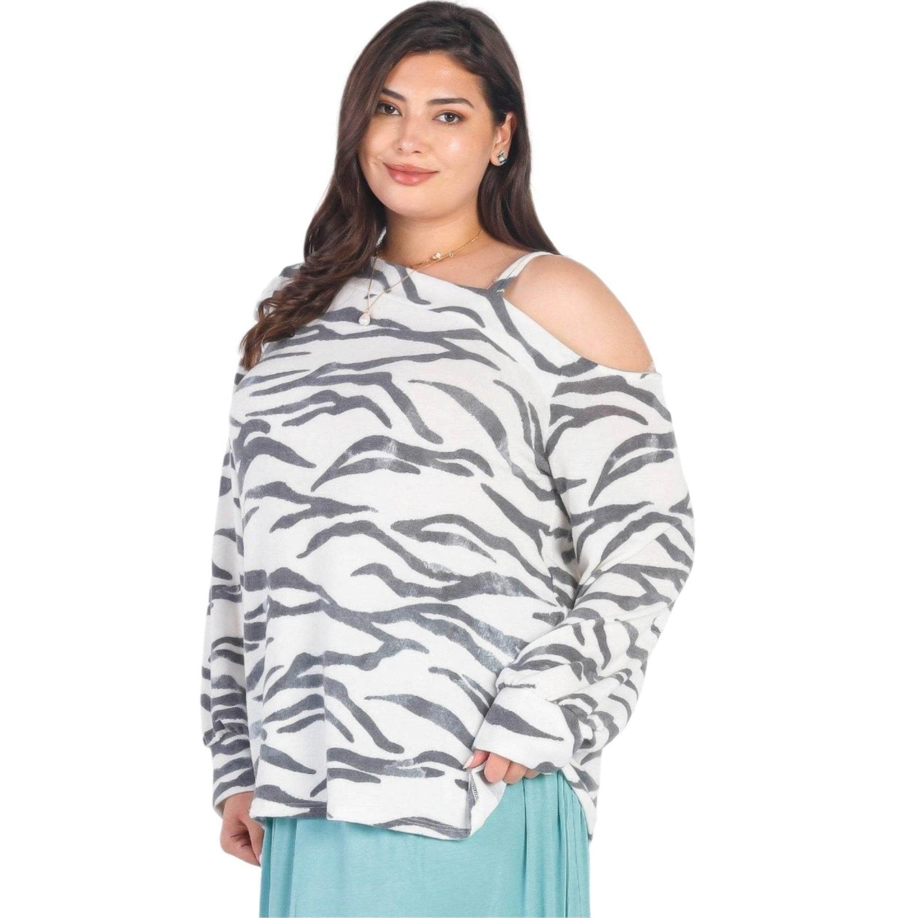 Plus White Zebra Flannel Cold Shoulder Top - VacationGrabs