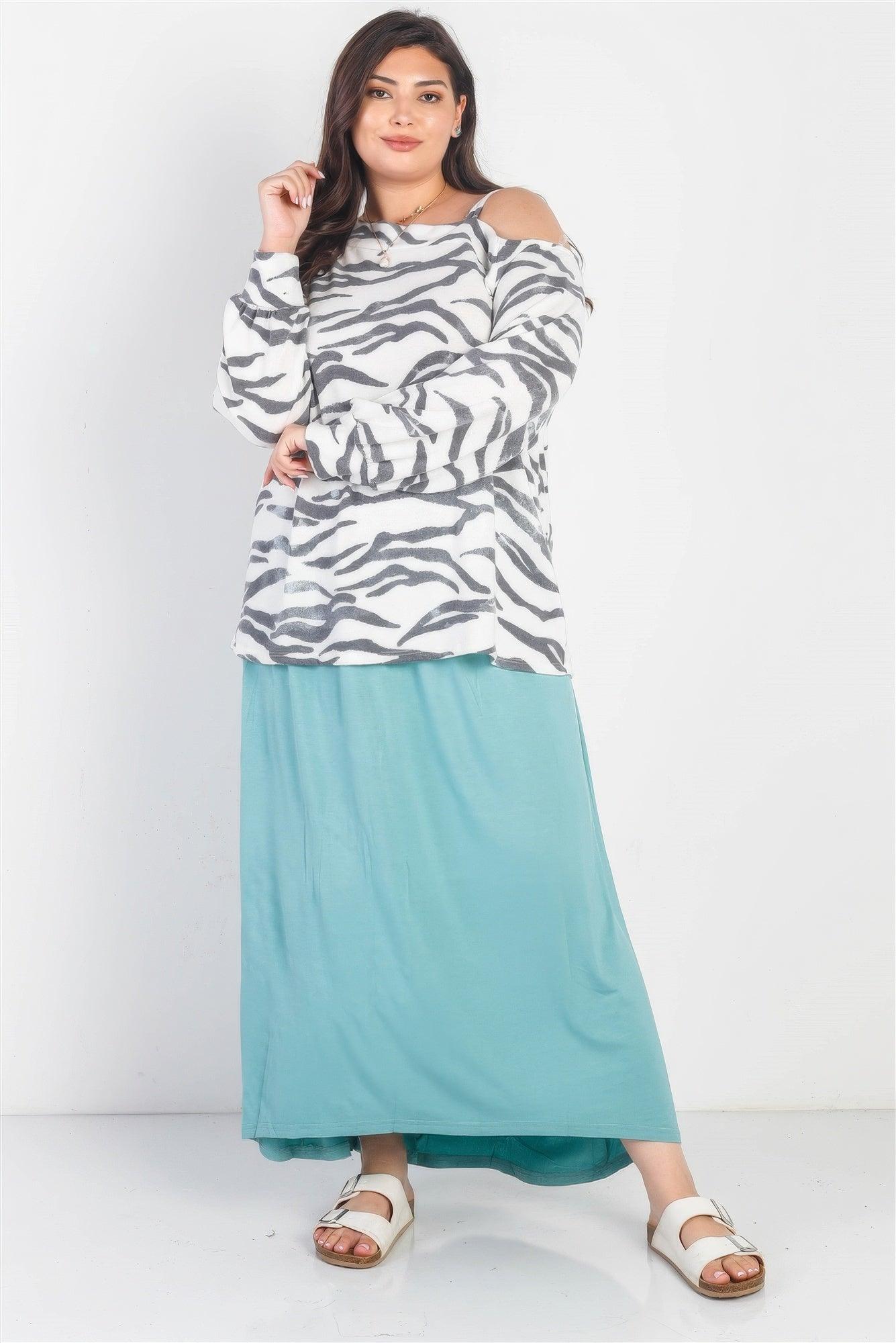 Women's Shirts Plus White Zebra Flannel Cold Shoulder Top