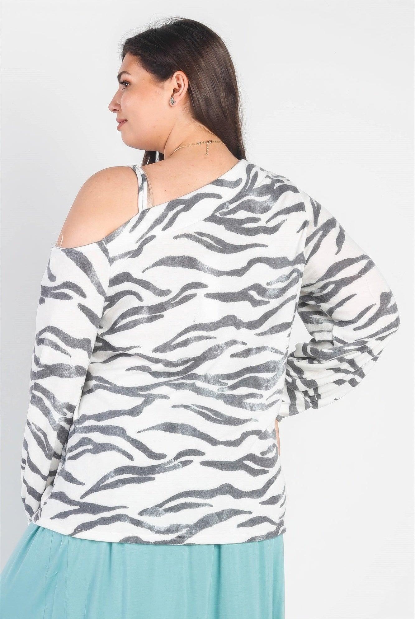 Women's Shirts Plus White & Charcoal Zebra Flannel Cold Shoulder Long Sleeve Top