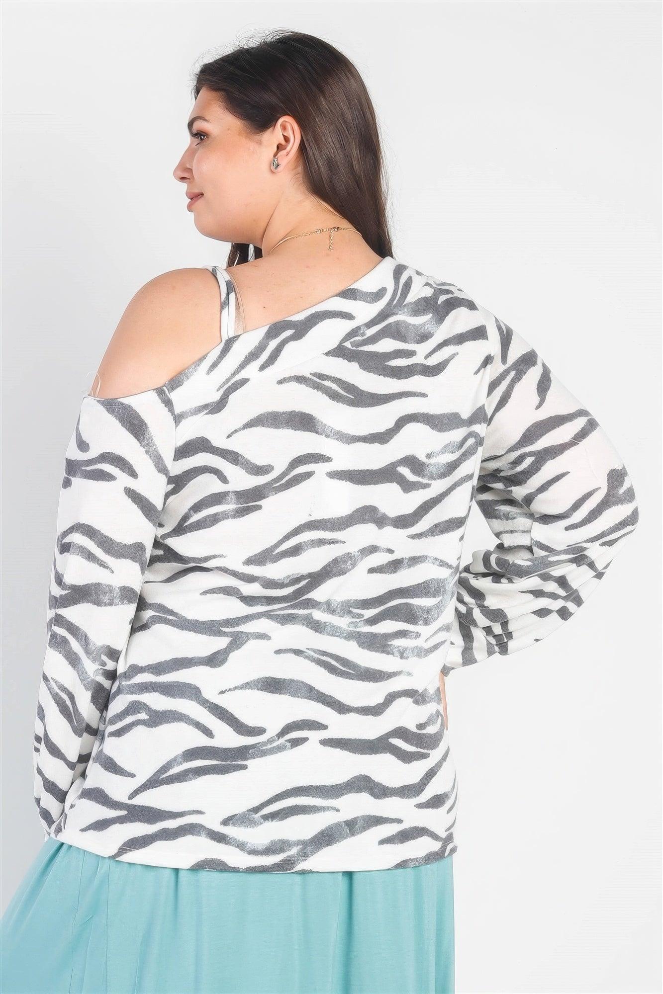 Women's Shirts Plus White Zebra Flannel Cold Shoulder Top