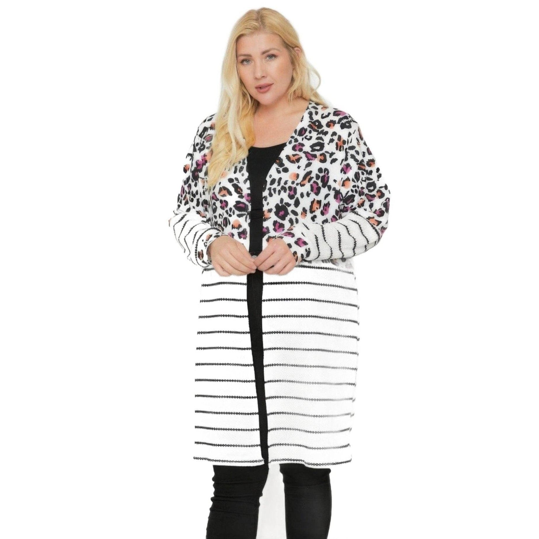 Long Sleeve Print-Striped Cardigan - VacationGrabs