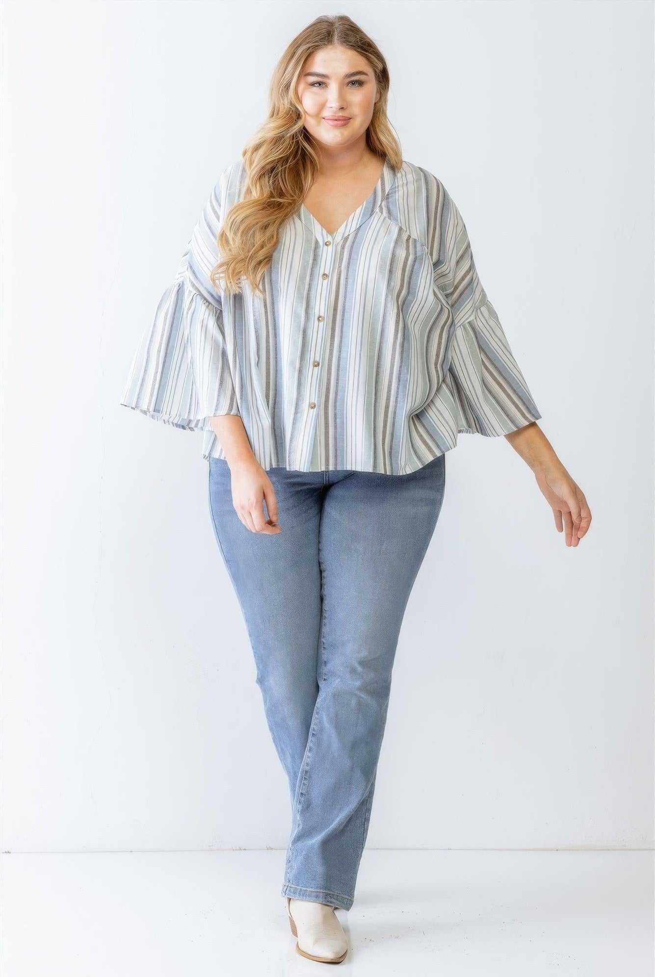 Women's Shirts Plus Light Blue Stripe Print Cotton Button-up Flare Hem Top