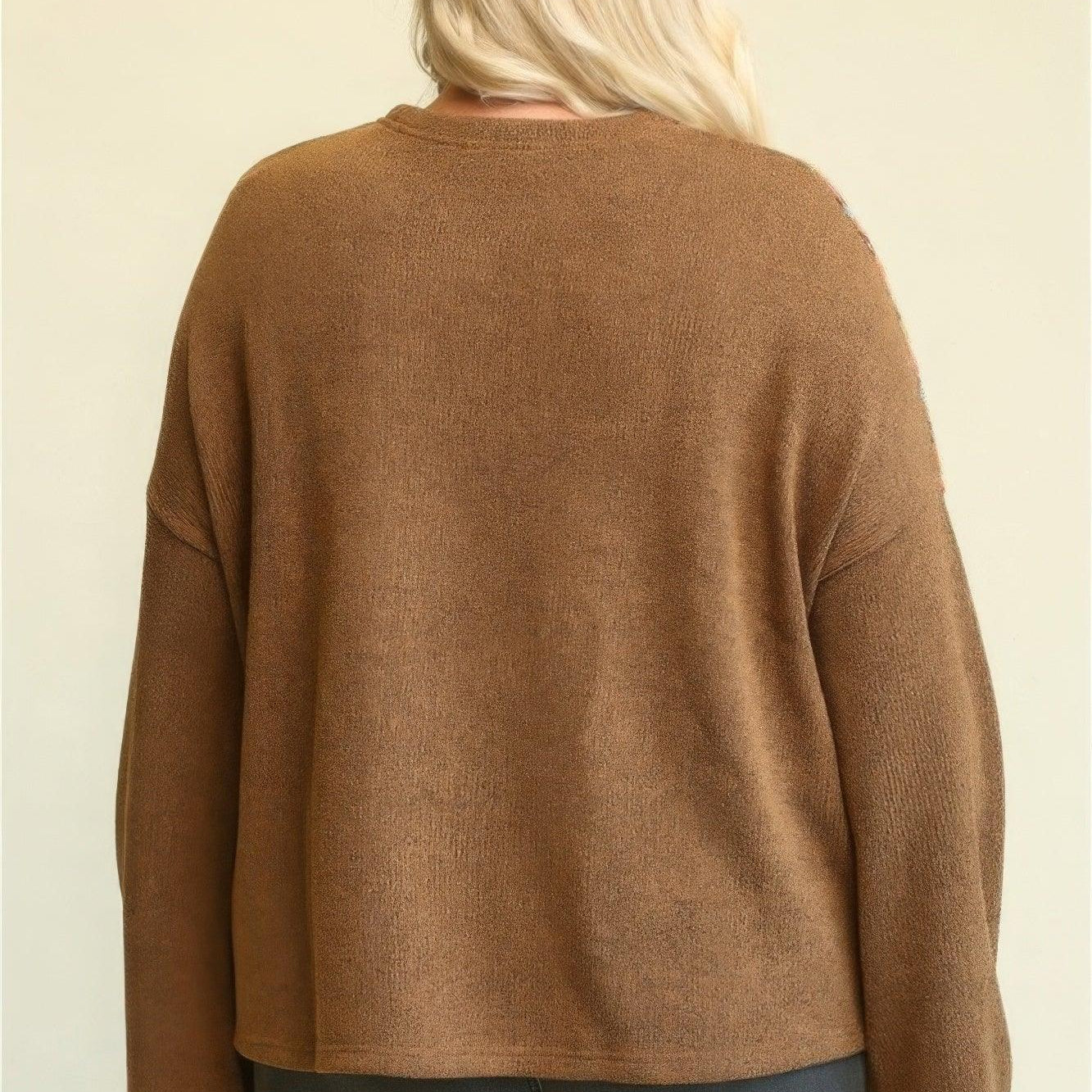 Women's Shirts Brown Knit Mixed Loose Top