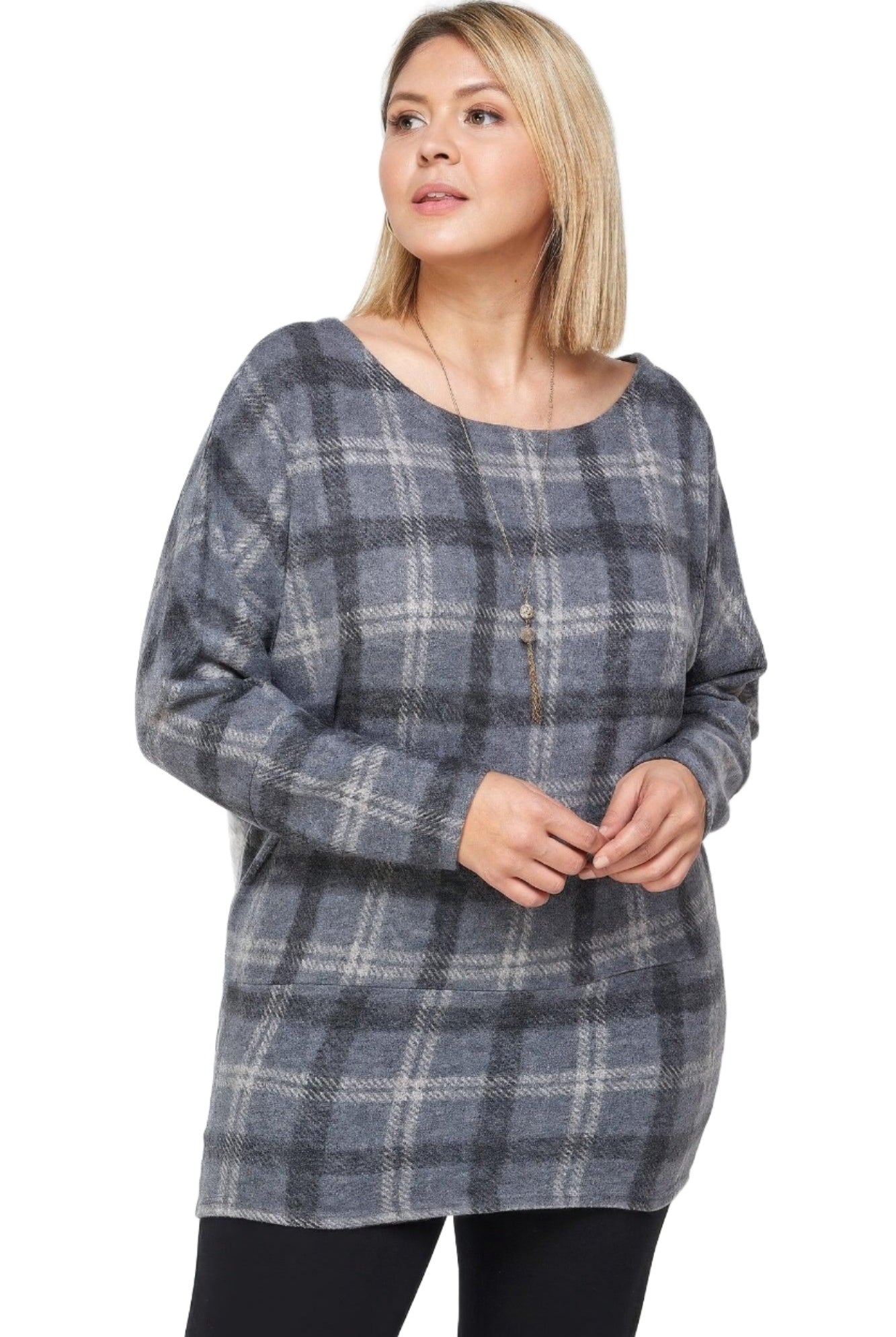 Women's Shirts Boat Neck, Plaid Print Tunic Top, With Long Dolman Sleeves