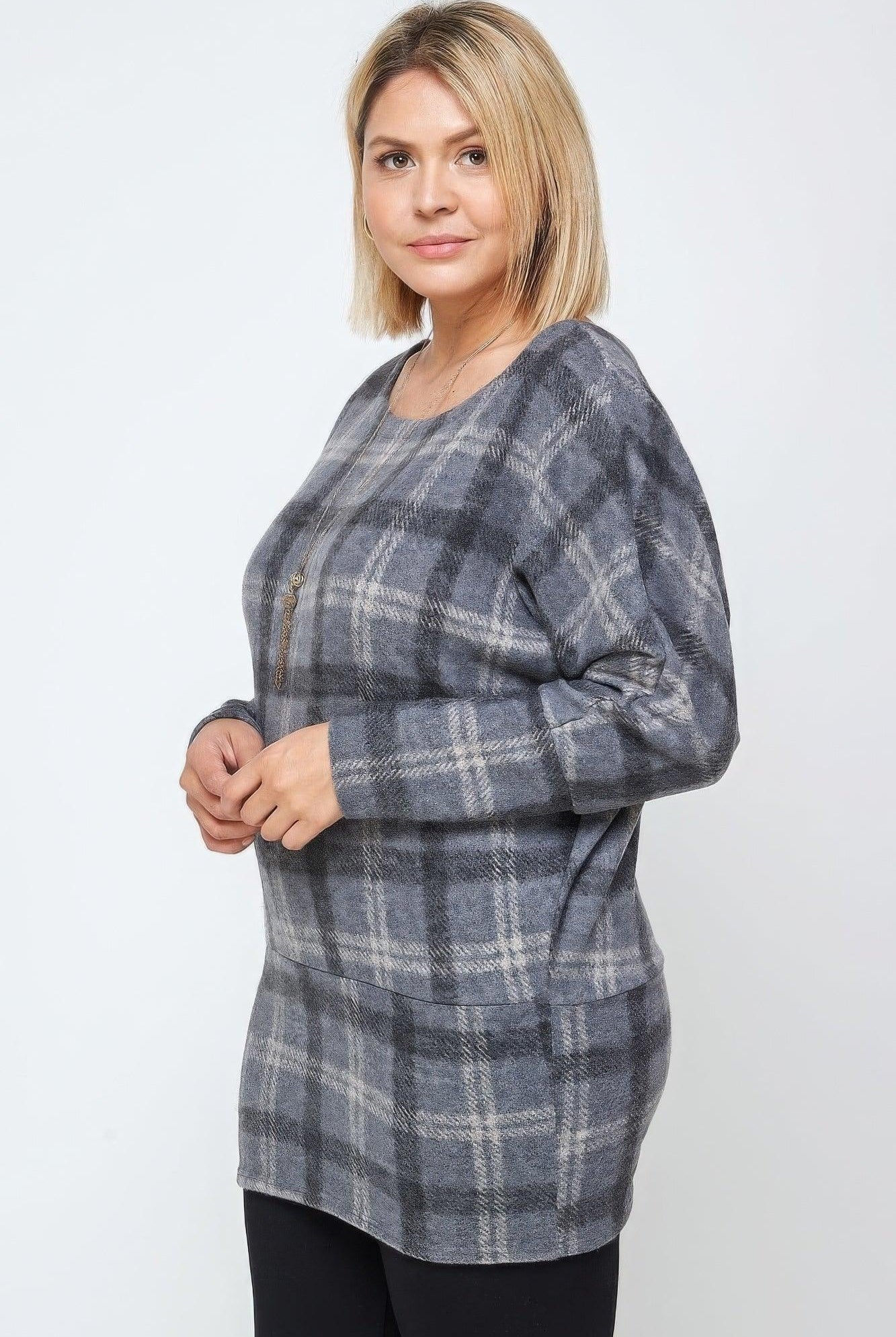 Women's Shirts Boat Neck, Plaid Print Tunic Top, With Long Dolman Sleeves