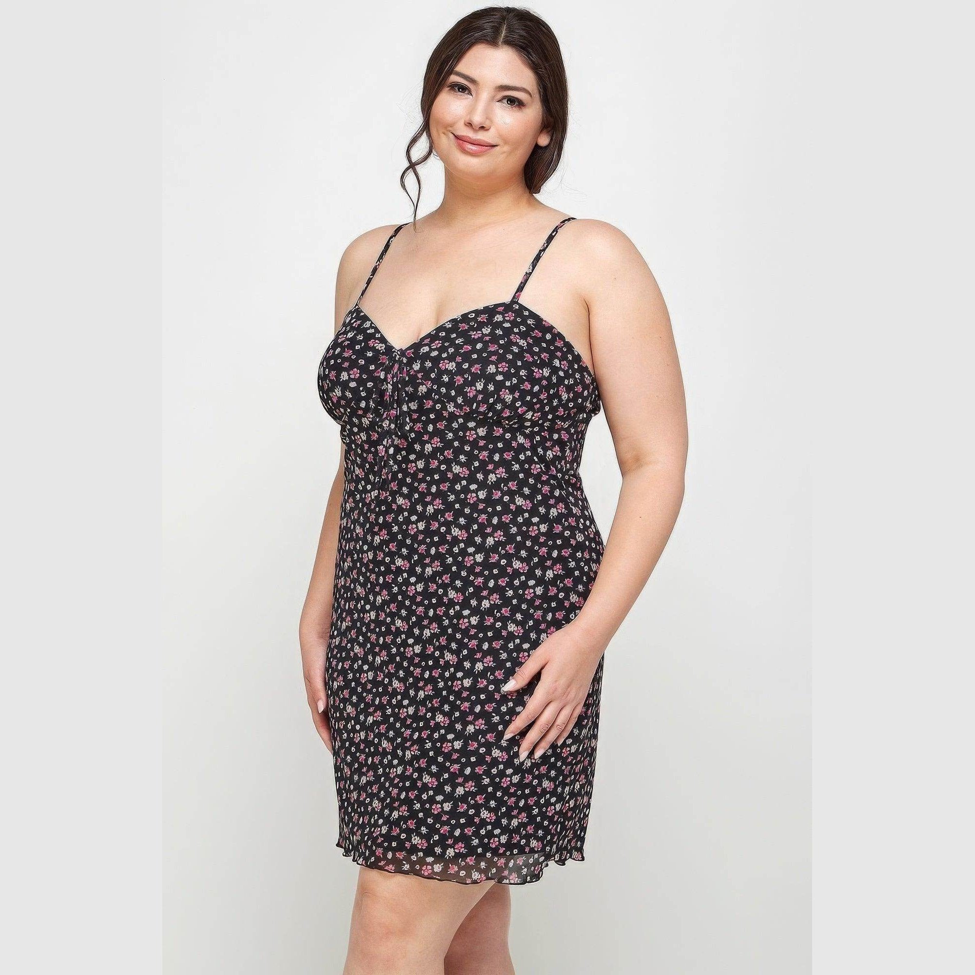 Plus Size Ditsy Floral Print On Mesh Fabric Cami Dress - VacationGrabs