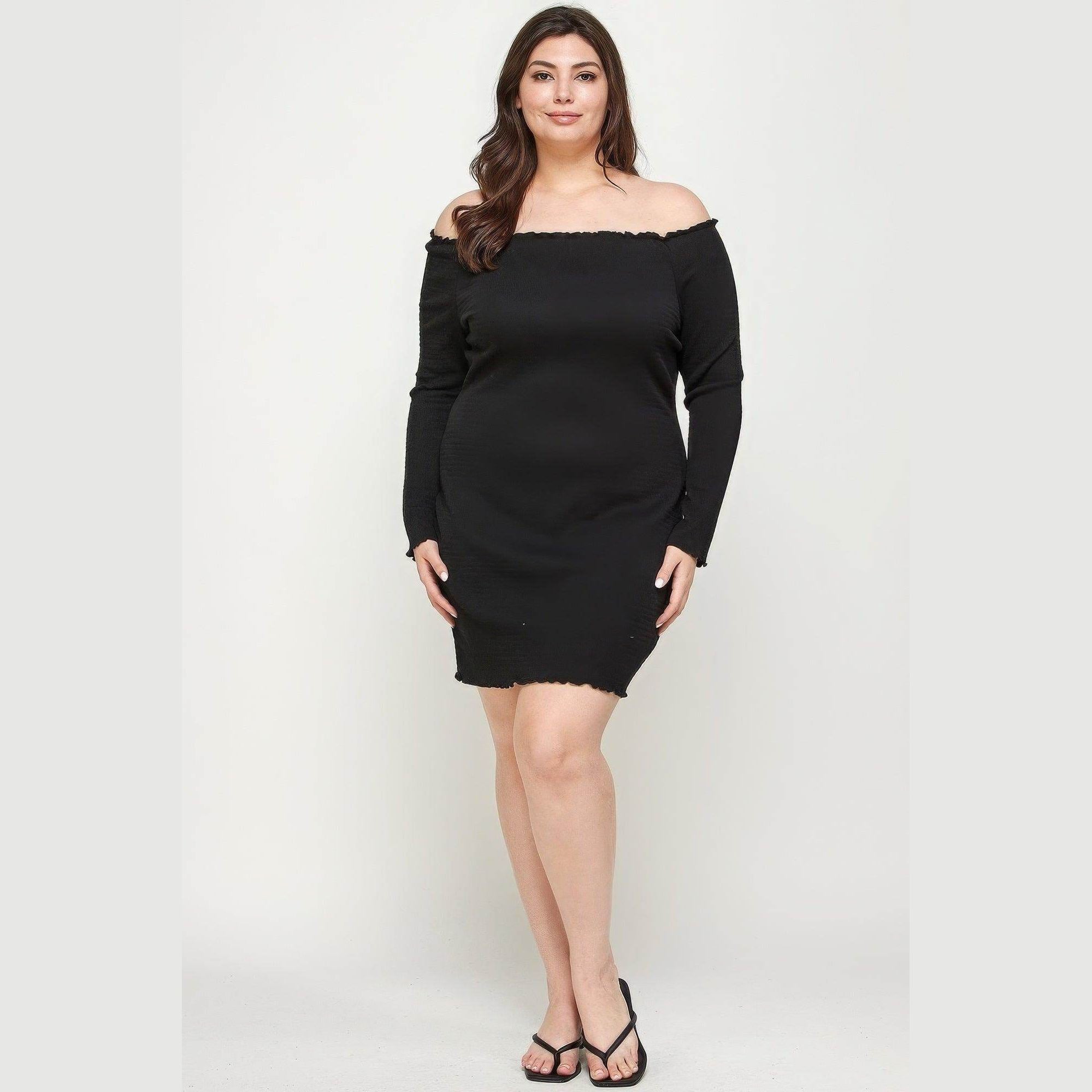 Plus Size Black Smocked Off Shoulder Dress - VacationGrabs