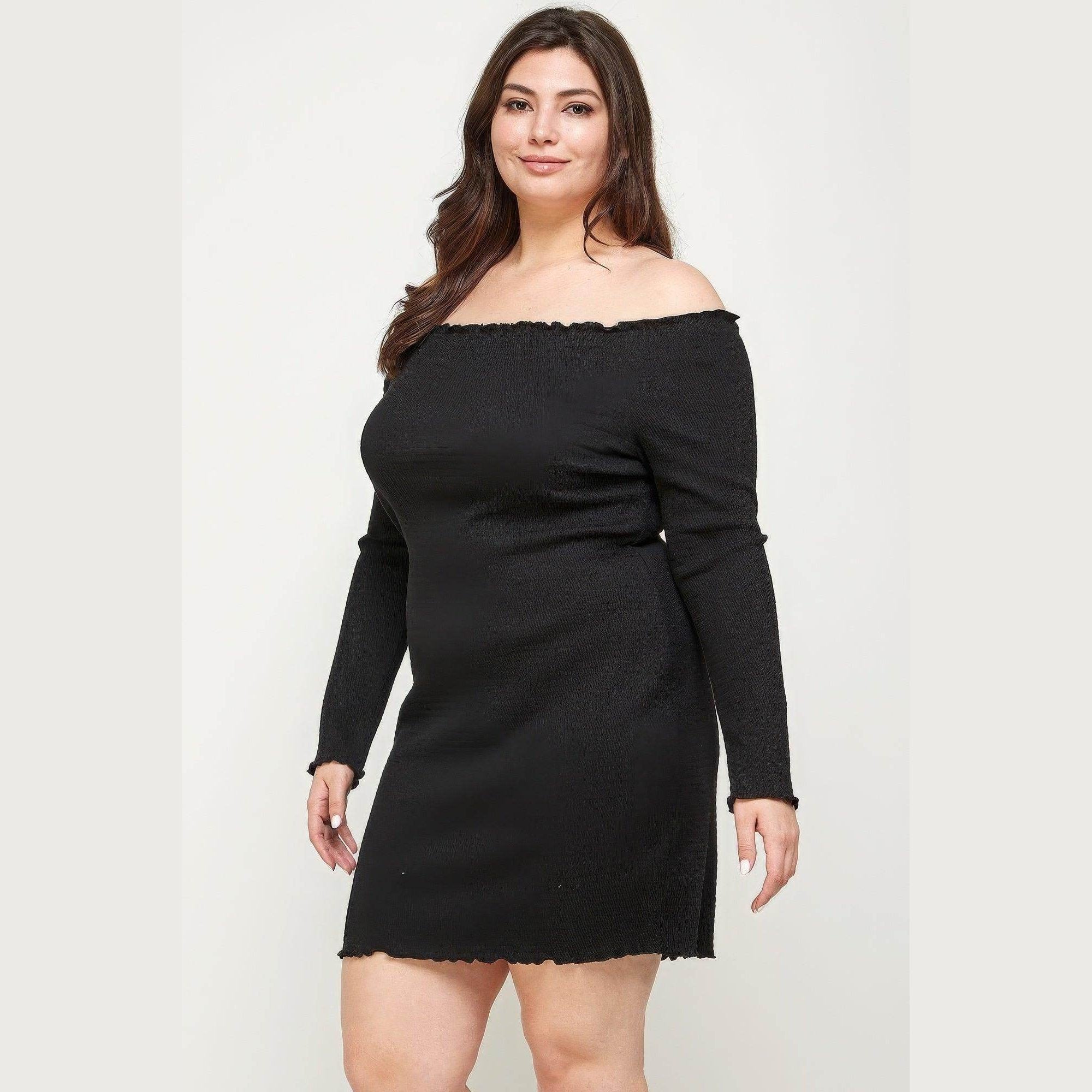 Plus Size Black Smocked Off Shoulder Dress - VacationGrabs