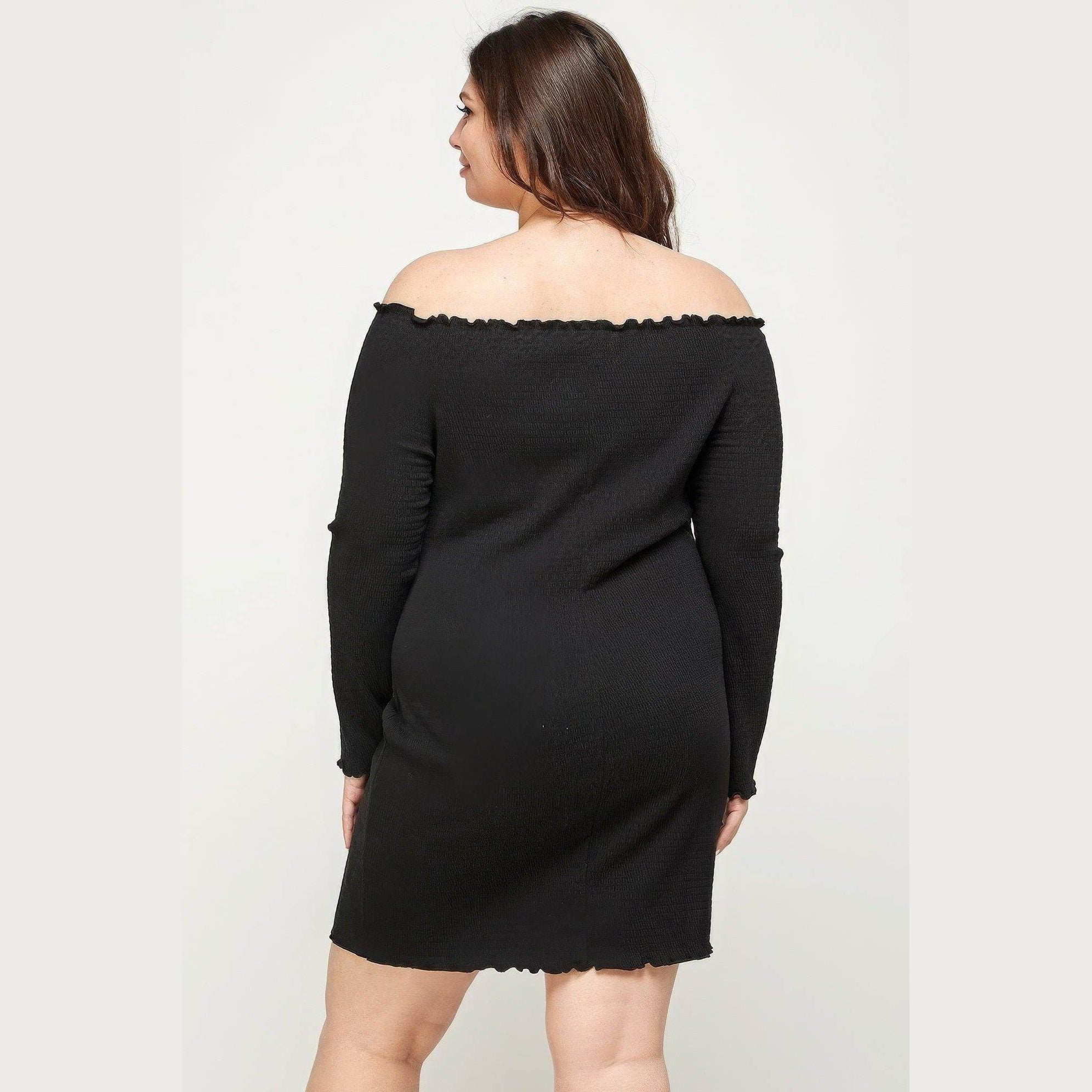 Plus Size Black Smocked Off Shoulder Dress - VacationGrabs