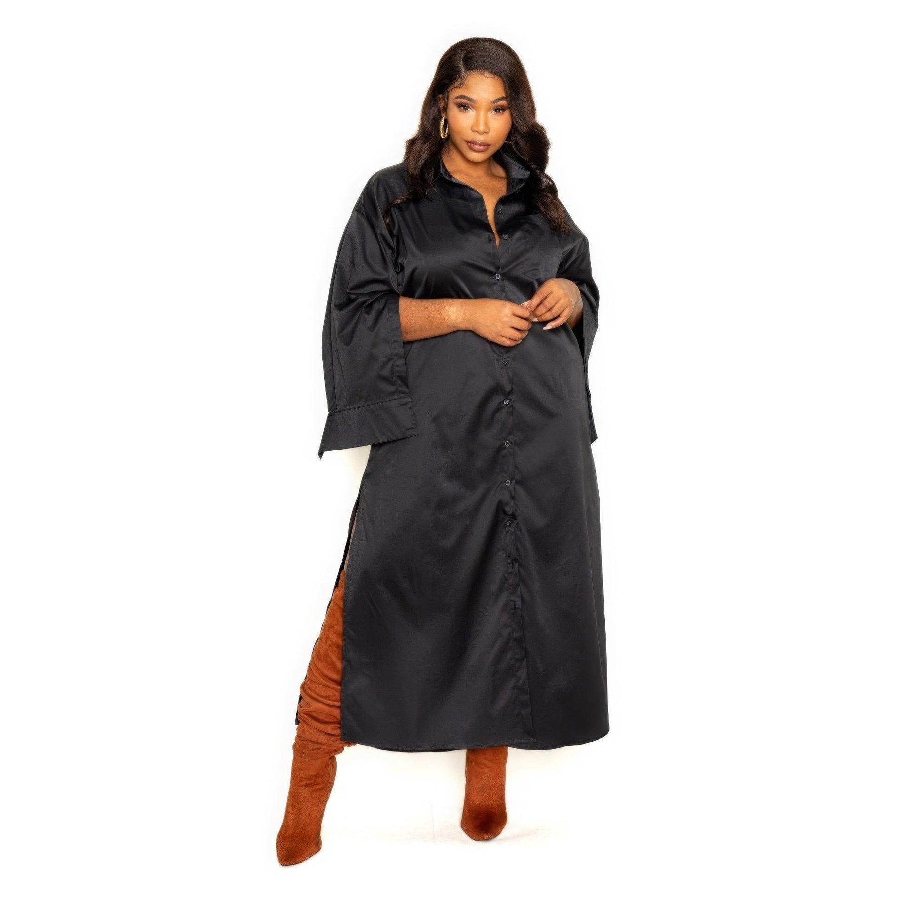 Black Cape Sleeve Shirt Dress - VacationGrabs