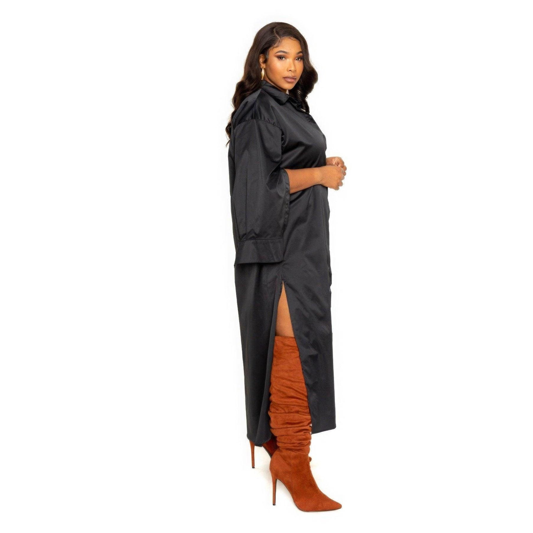 Black Cape Sleeve Shirt Dress - VacationGrabs