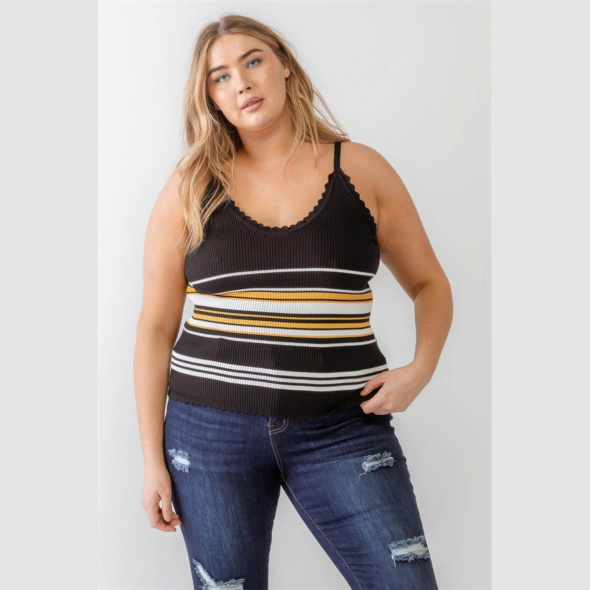 Plus Ribbed Ruffle Tank Top - VacationGrabs