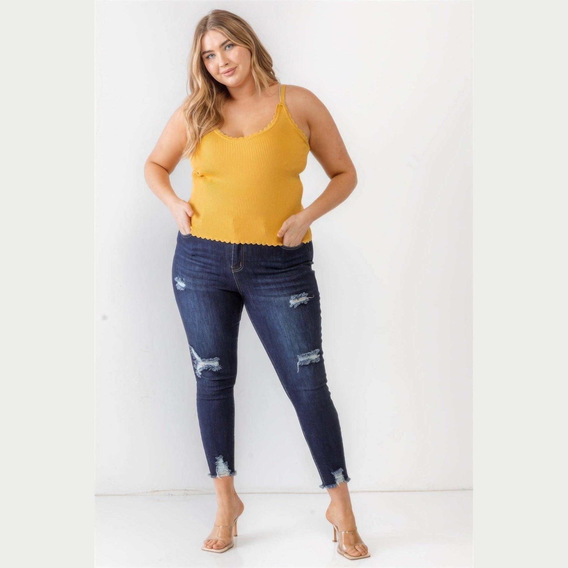 Plus Ribbed Ruffle Tank Top - VacationGrabs