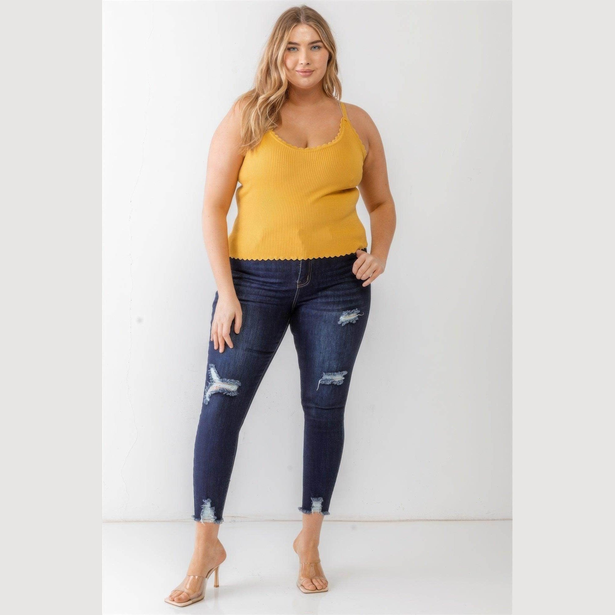 Plus Ribbed Ruffle Tank Top - VacationGrabs