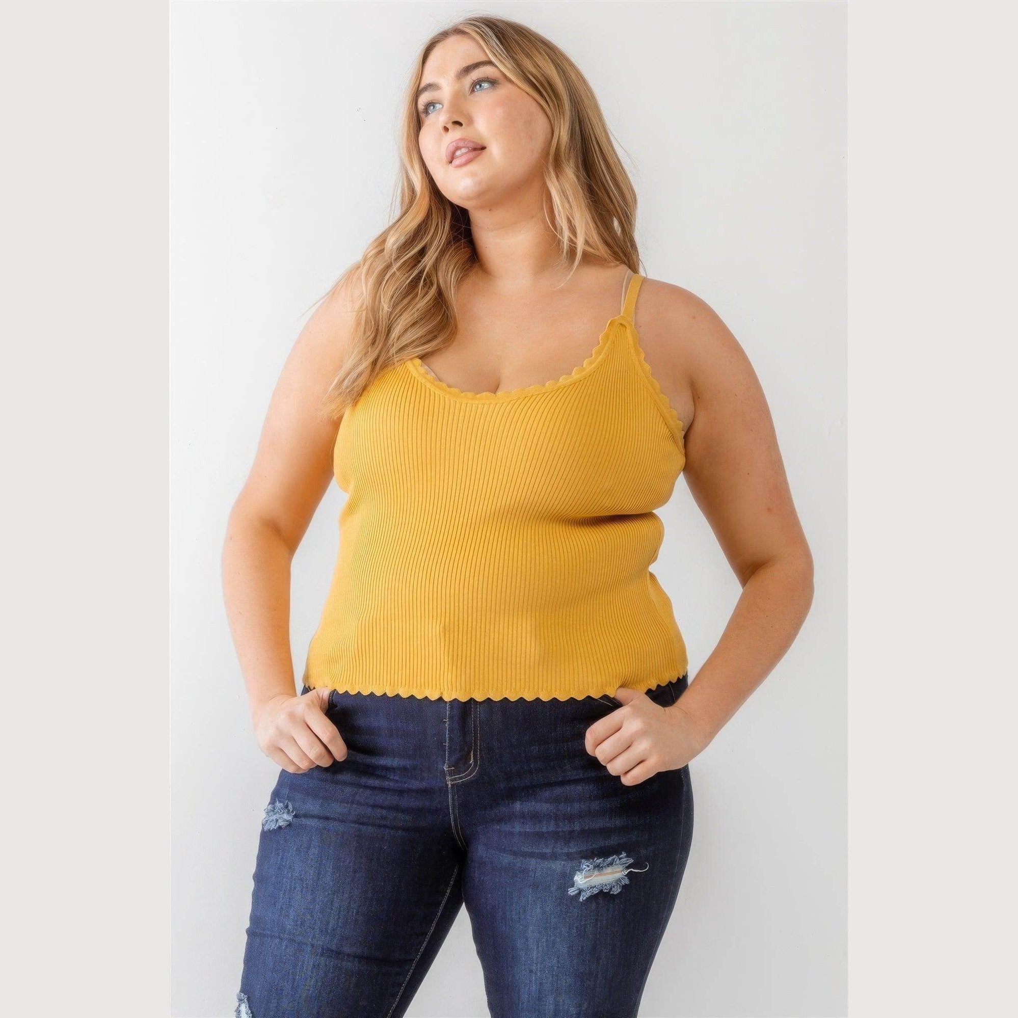 Plus Ribbed Ruffle Tank Top - VacationGrabs