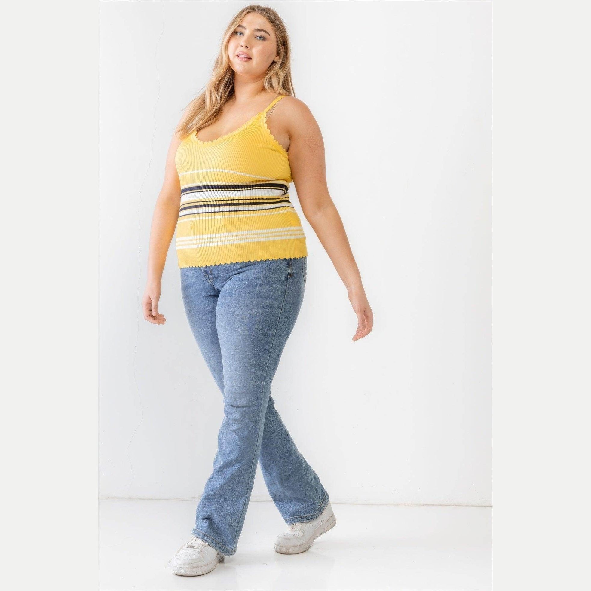 Plus Ribbed Ruffle Tank Top - VacationGrabs