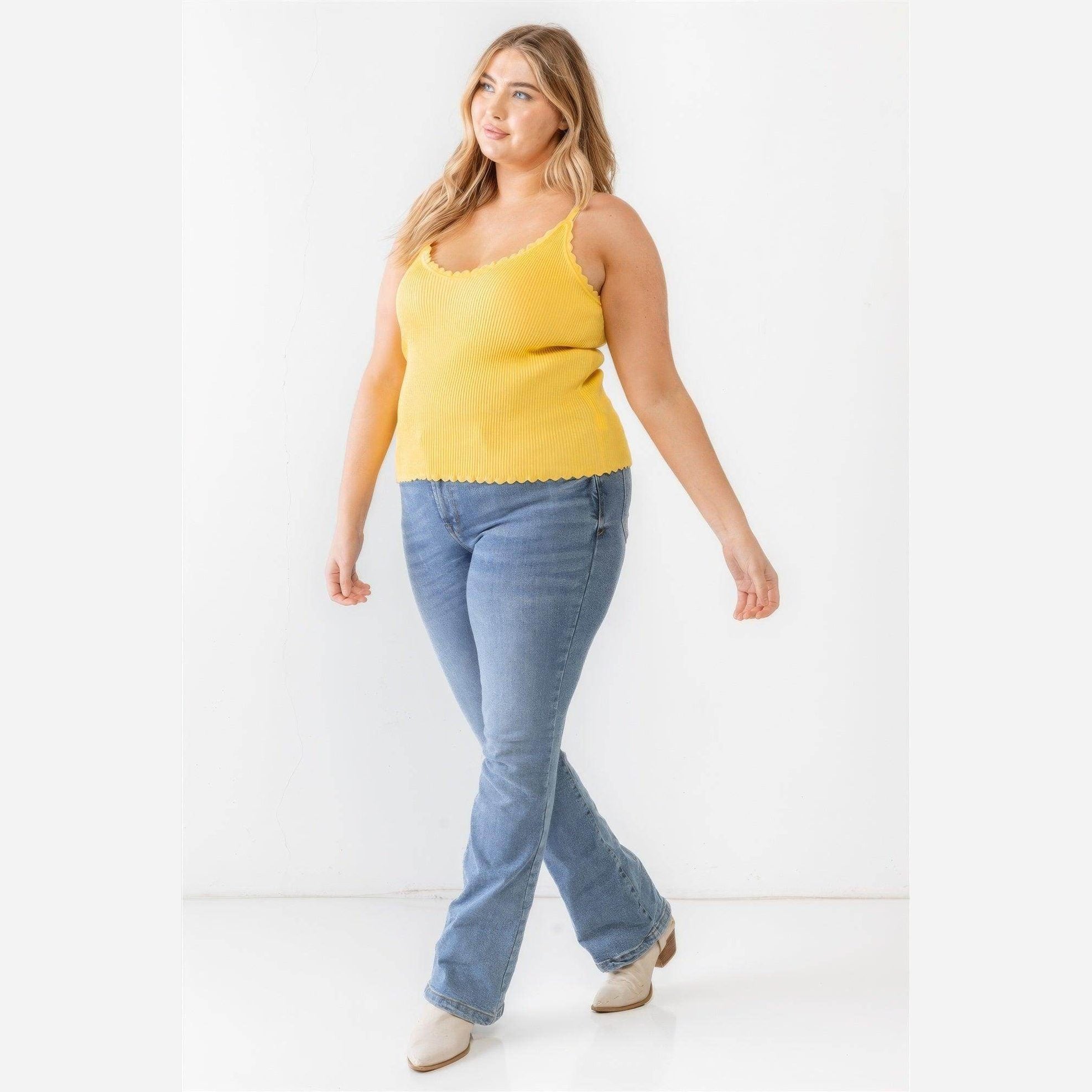 Plus Ribbed Ruffle Tank Top - VacationGrabs