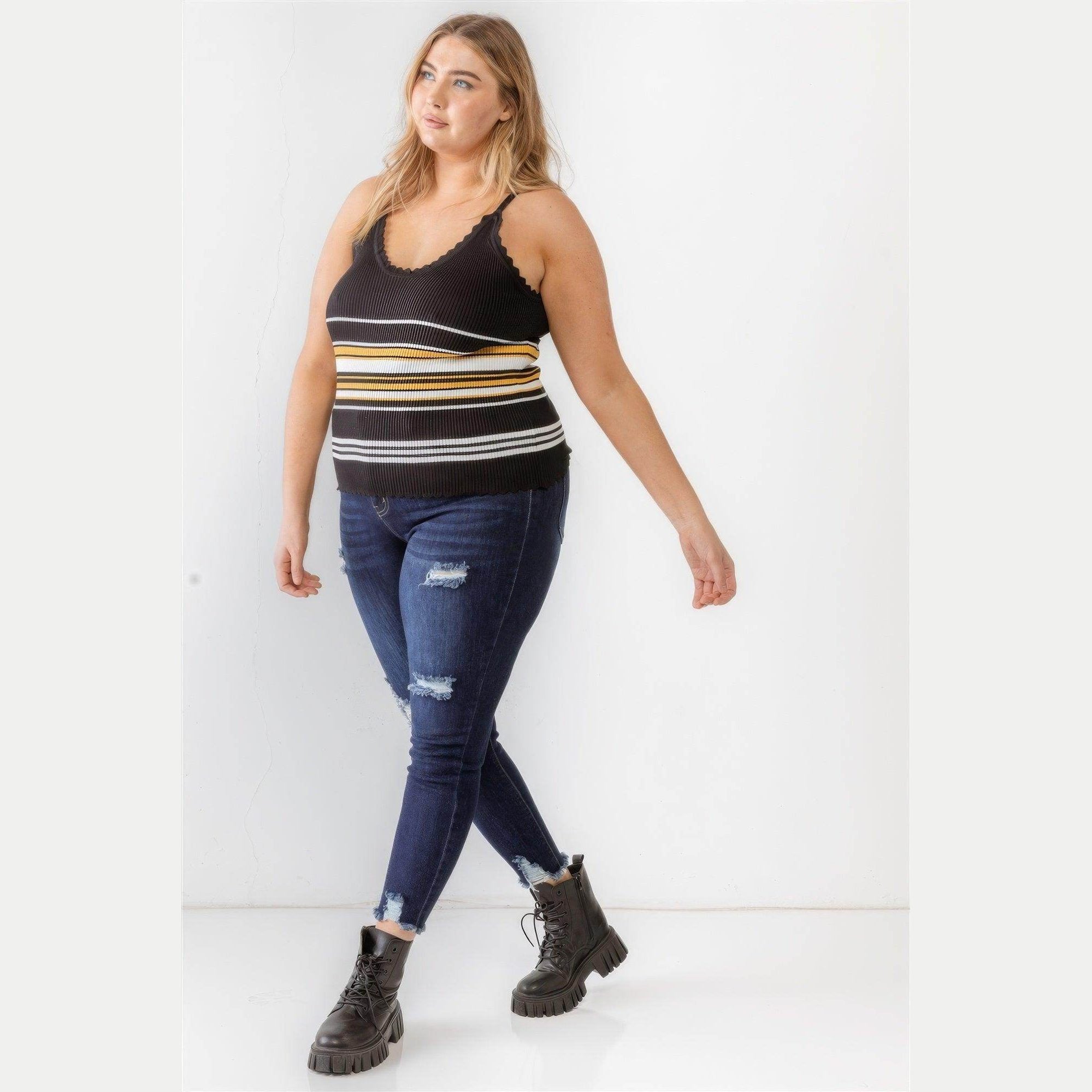Plus Ribbed Ruffle Tank Top - VacationGrabs