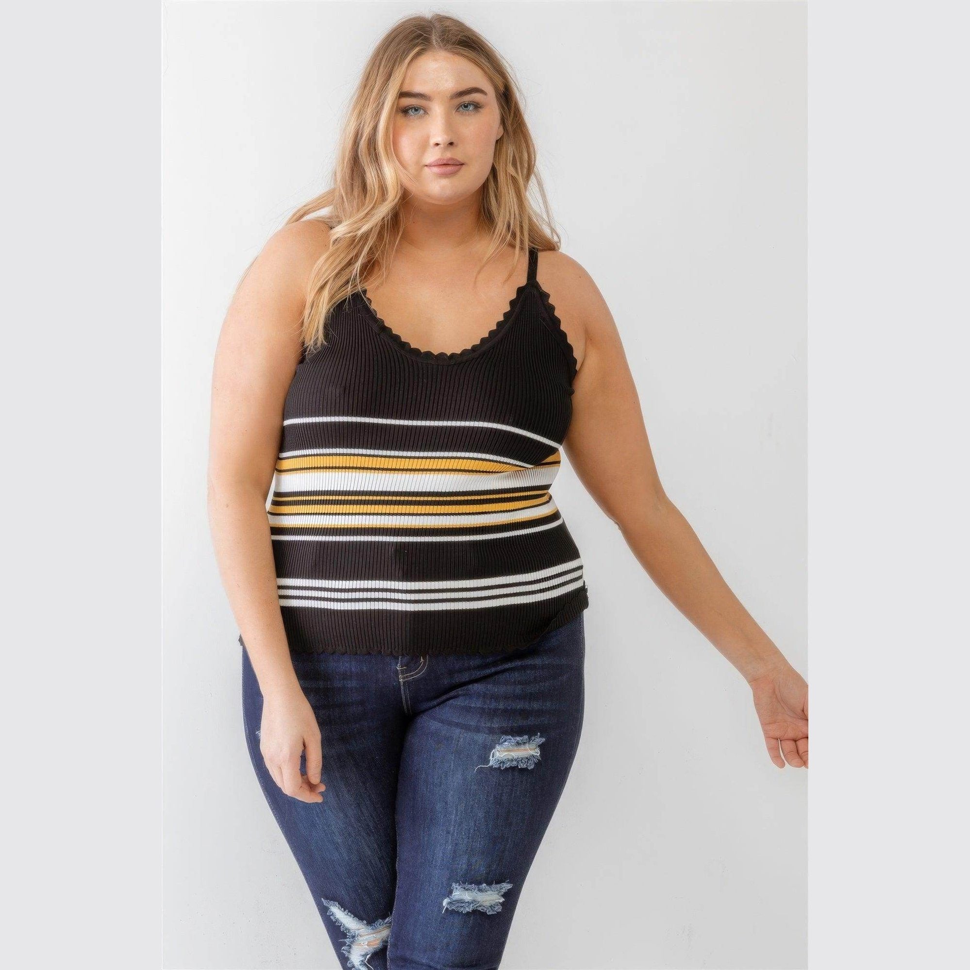 Plus Ribbed Ruffle Tank Top - VacationGrabs