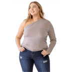 Plus Mocha Textured One Shoulder Top - VacationGrabs