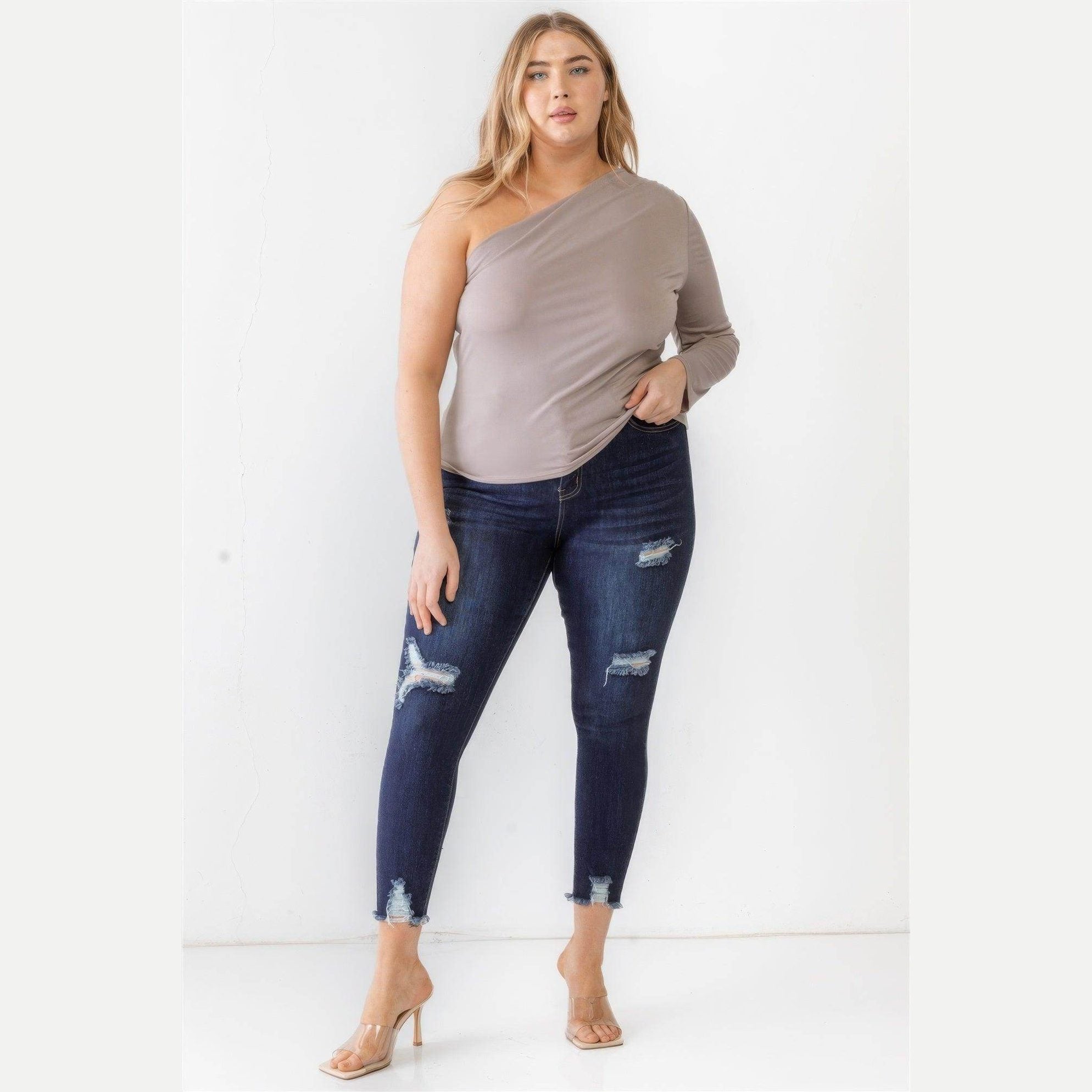 Plus Mocha Textured One Shoulder Top - VacationGrabs